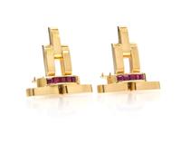 A Pair of Retro 14 Karat Yellow Gold and Ruby Dress Clips, Wordley, Allsopp & Bliss, 13.50 dwts.