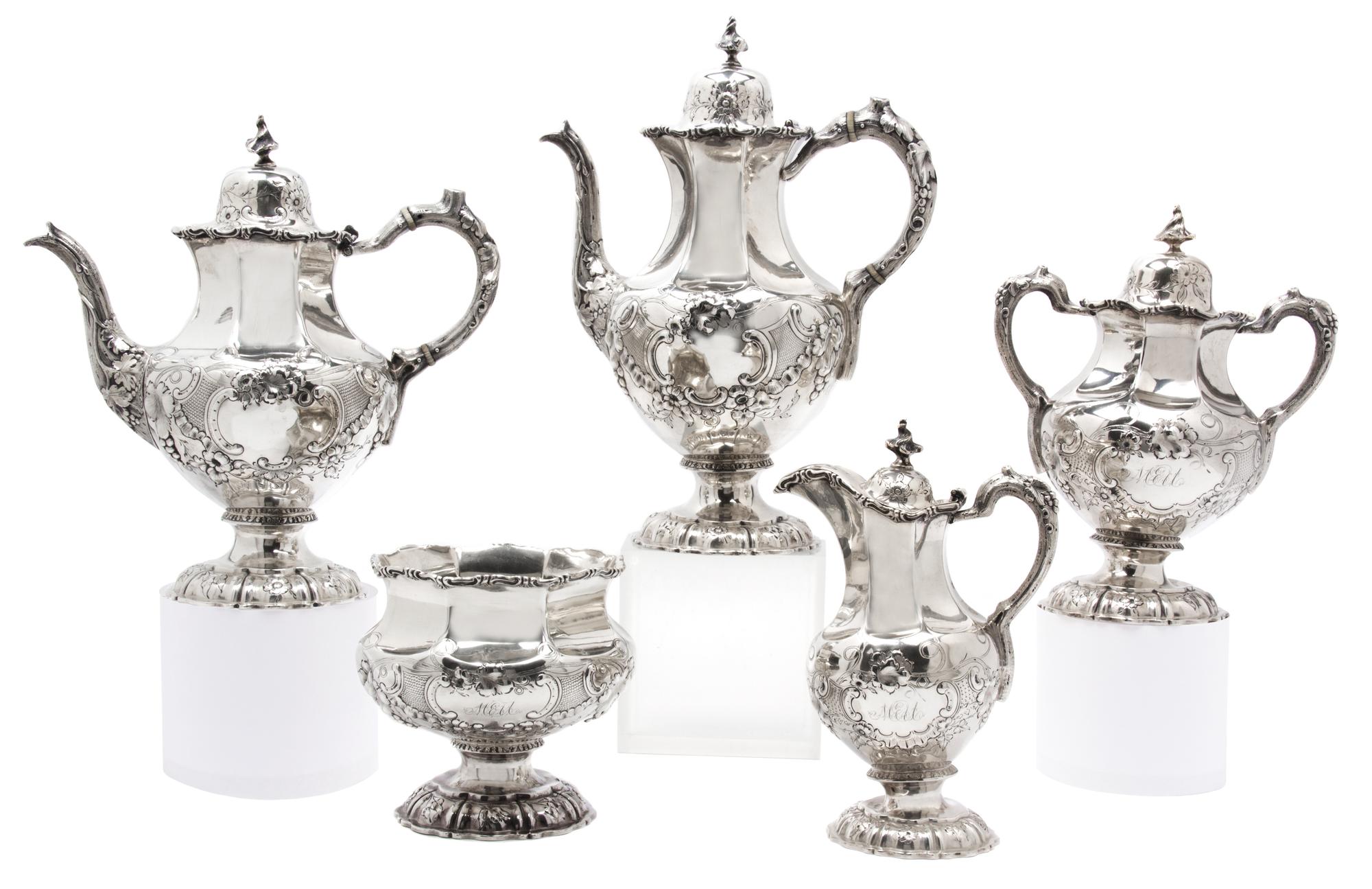 A Five-Piece American Silver Tea and Coffee Service, William Gale & Sons, New York, comprising a coffee pot, teapot, creamer, covered s