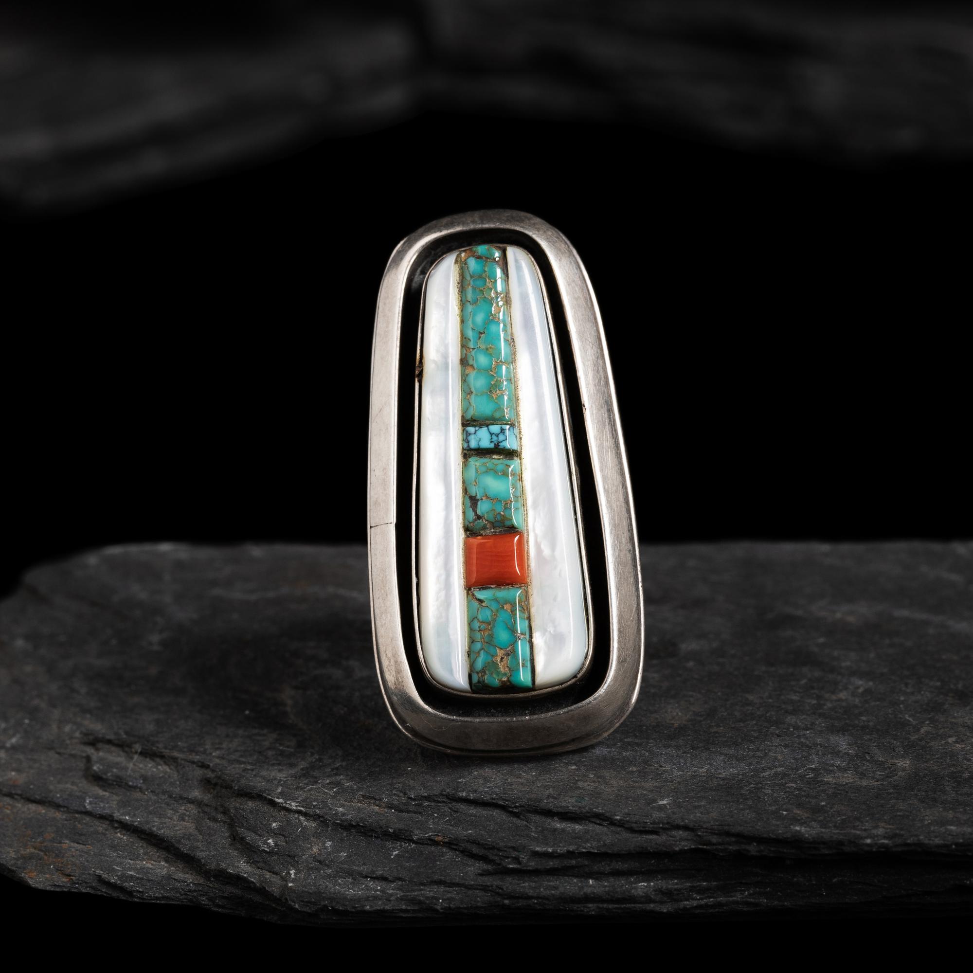 Victor Beck (Diné, 1941-2022) — Silver, Turquoise, and Mother-of-Pearl Ring