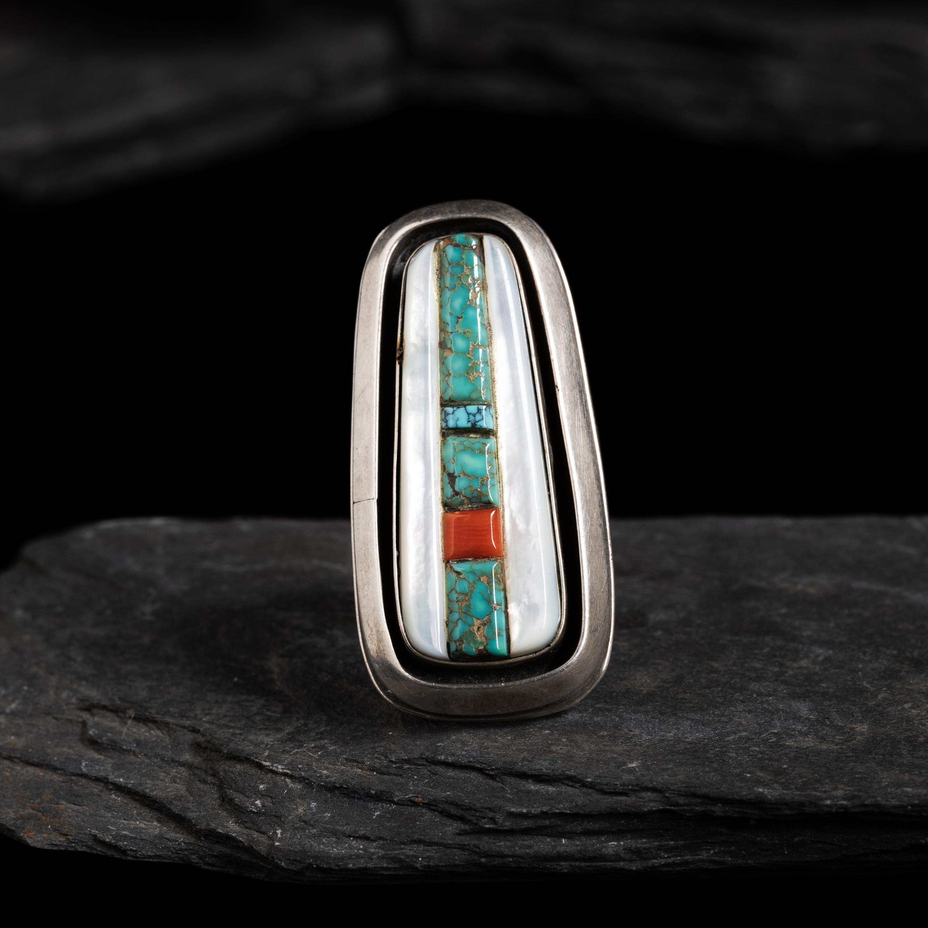 Victor Beck (Diné, 1941-2022) — Silver, Turquoise, and Mother-of-Pearl Ring