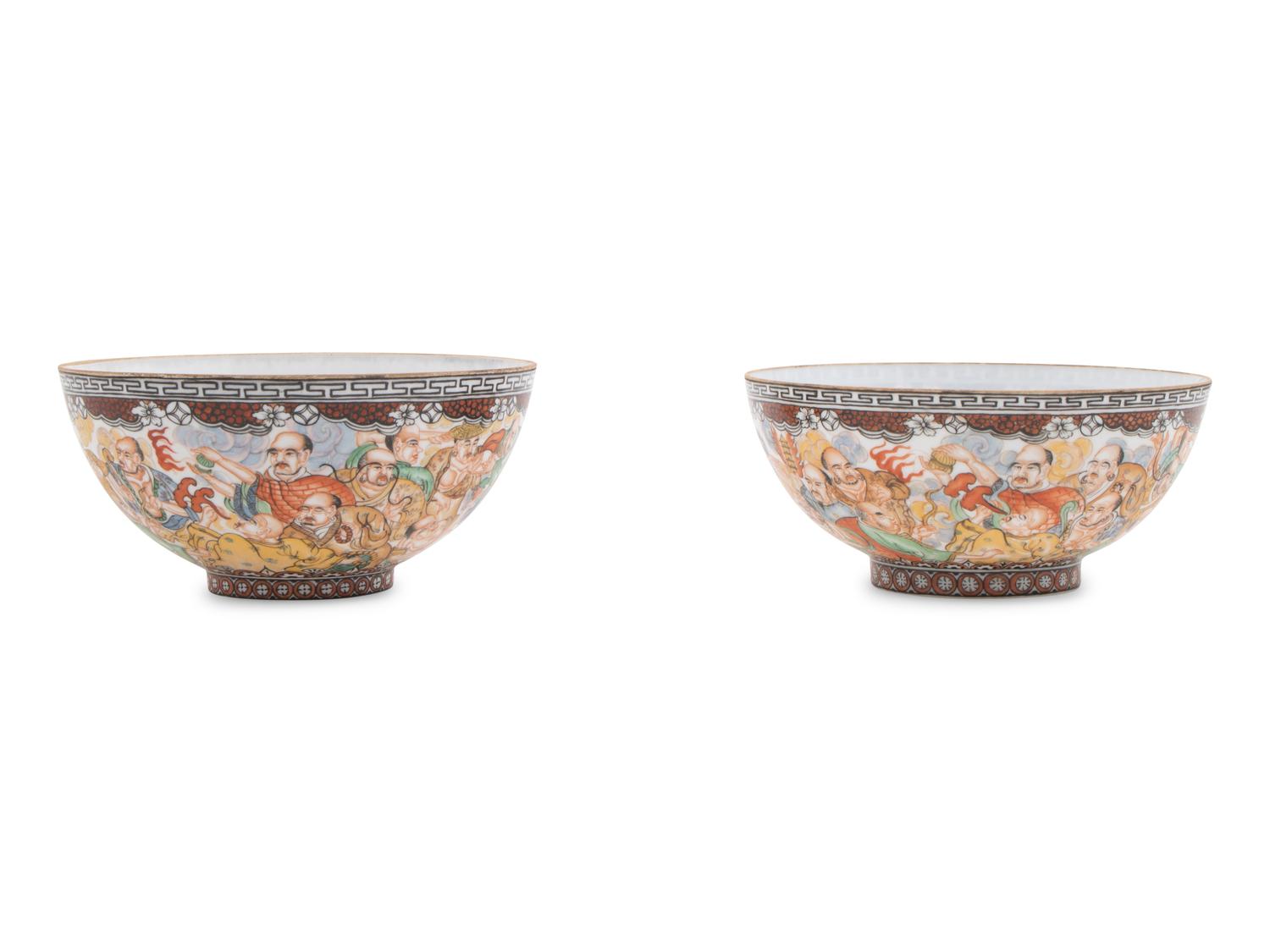 A Pair of Chinese Porcelain Bowls with Warrior Figures in a Fitted Box
