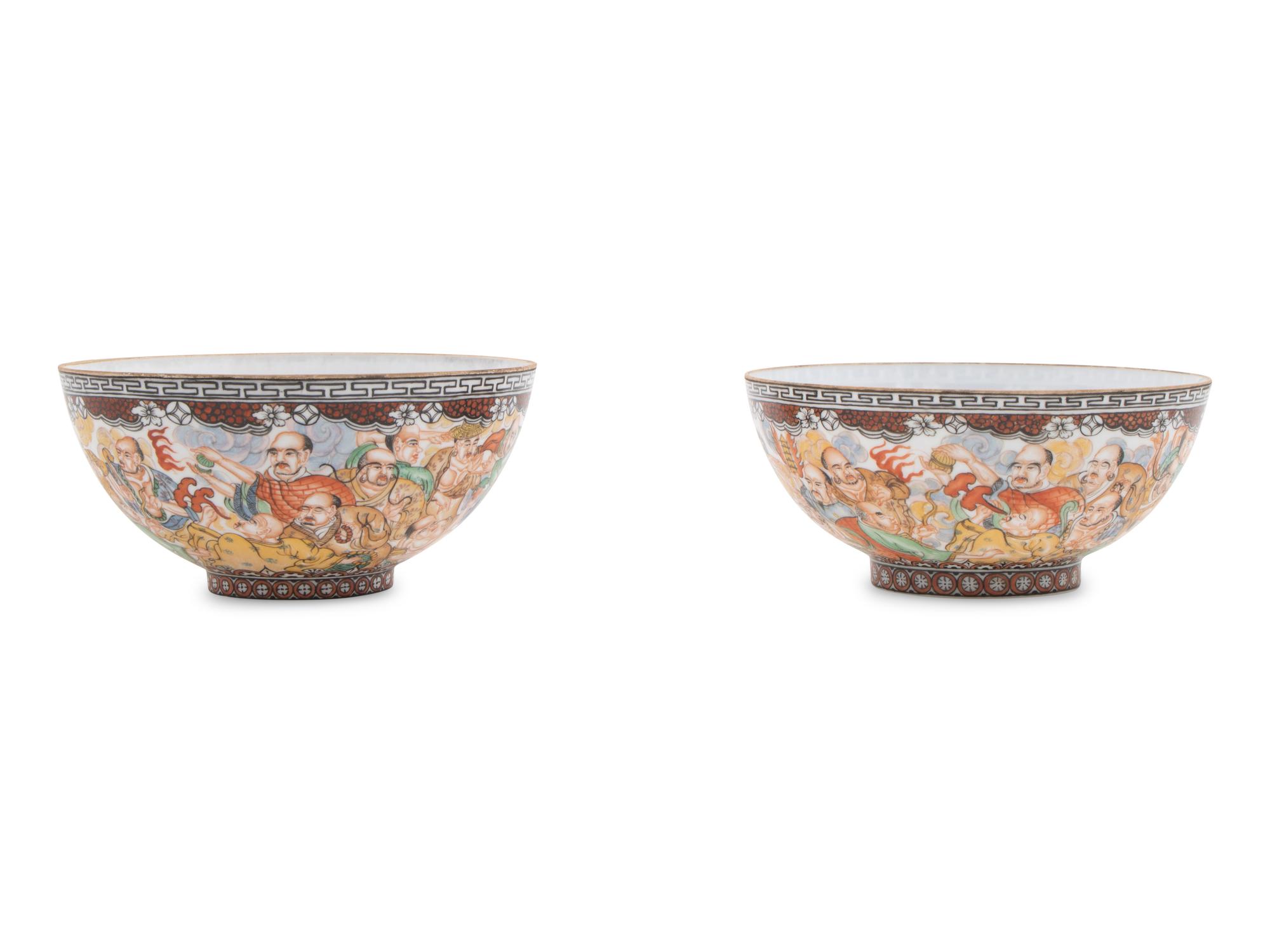 A Pair of Chinese Porcelain Bowls with Warrior Figures in a Fitted Box