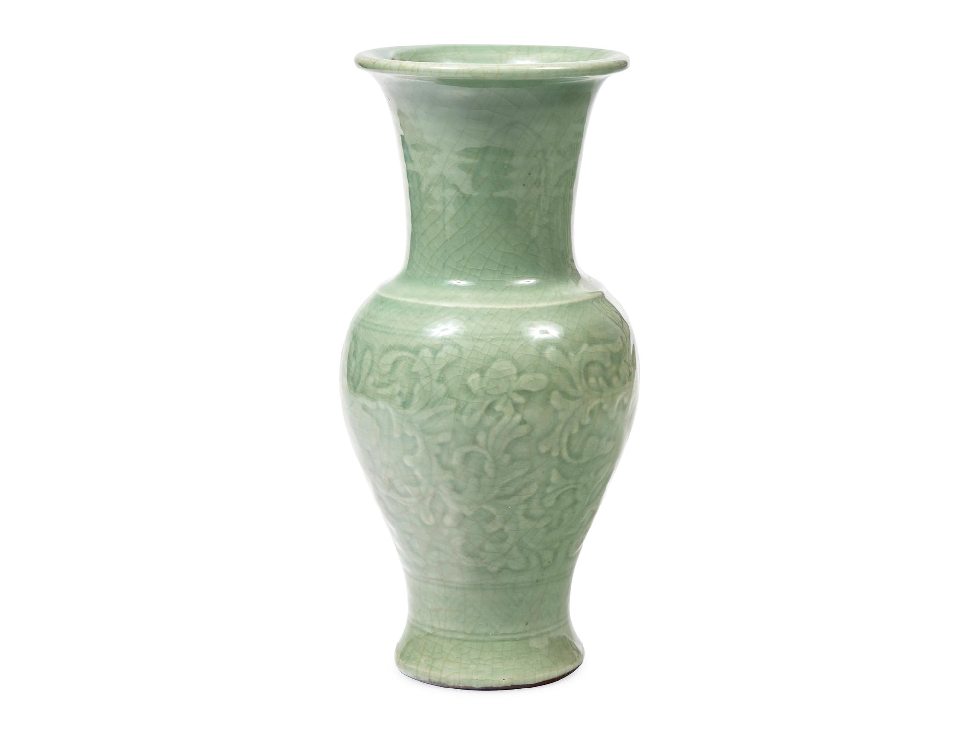 A Chinese Carved Celadon Glazed Vase, Probably Late 19th Century