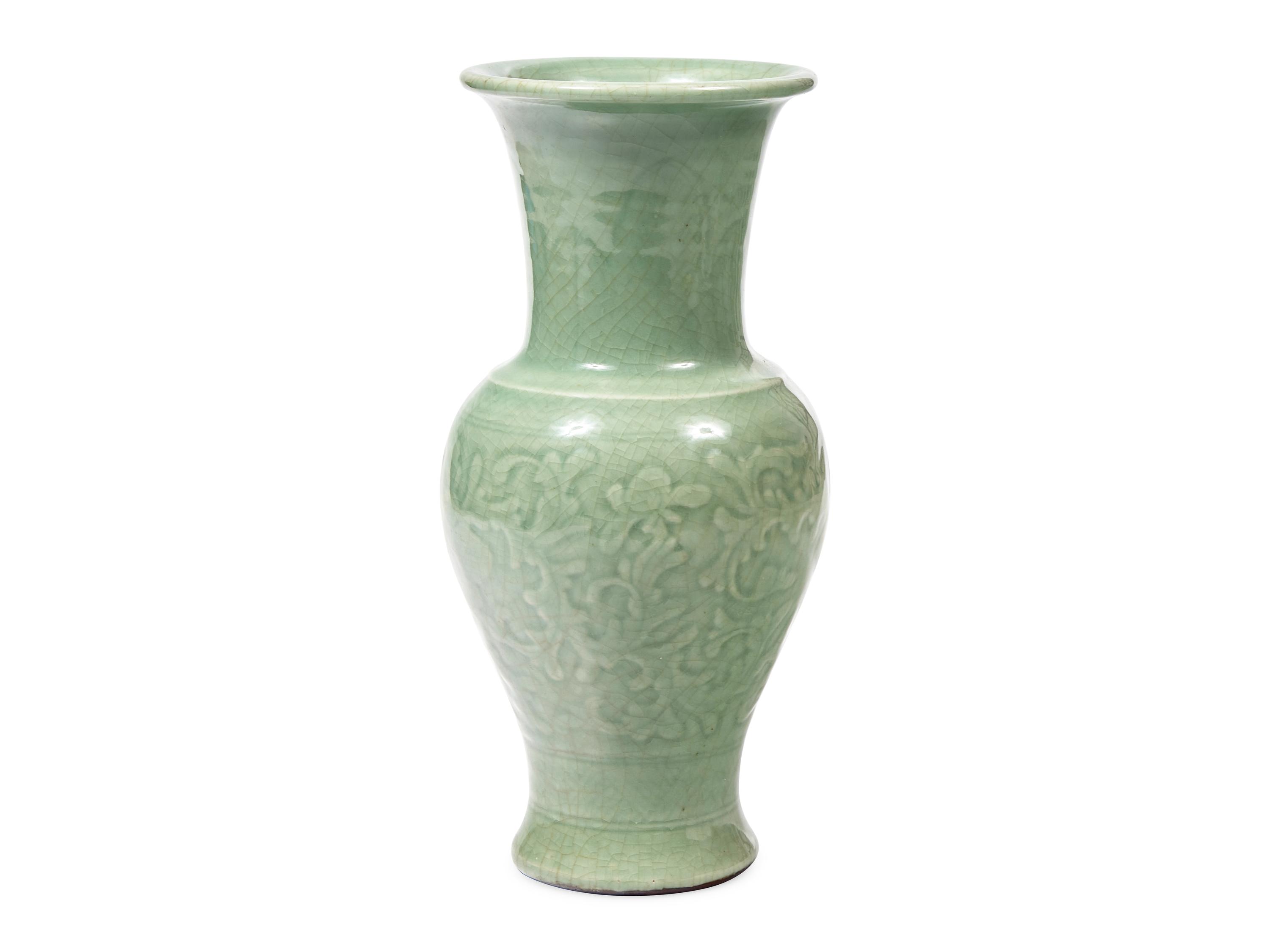 A Chinese Carved Celadon Glazed Vase, Probably Late 19th Century