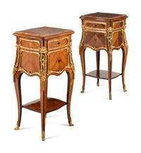 A Pair of Louis XV Style Gilt Bronze Mounted Marble-Top Tables