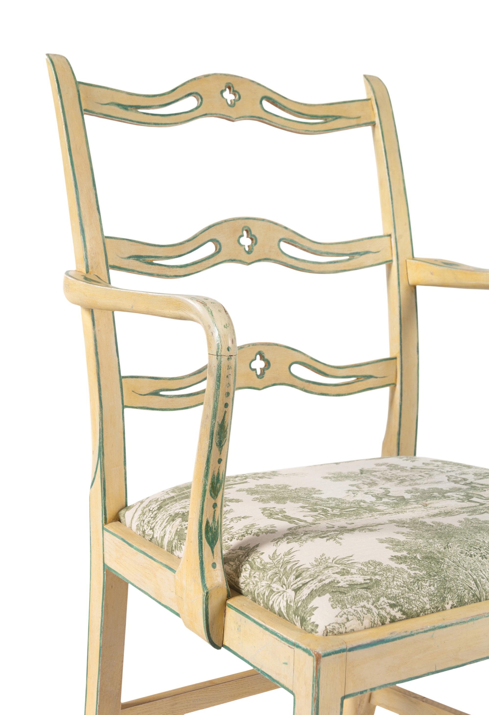 A Set of Four George III Cream and Green-Painted Ladder-Back Dining Chairs