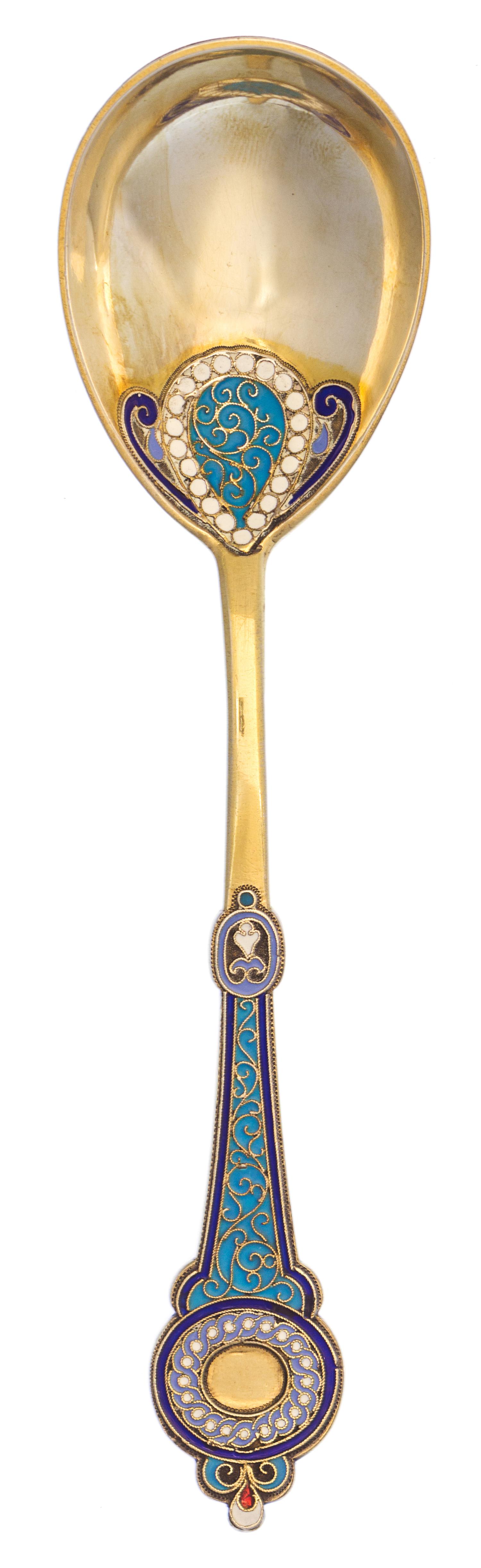 A Russian Silver-Gilt and Enamel Serving Spoon, Mark of Antip Kuzmichev, Moscow, late 19th/early 20th century, the handle and bowl inte