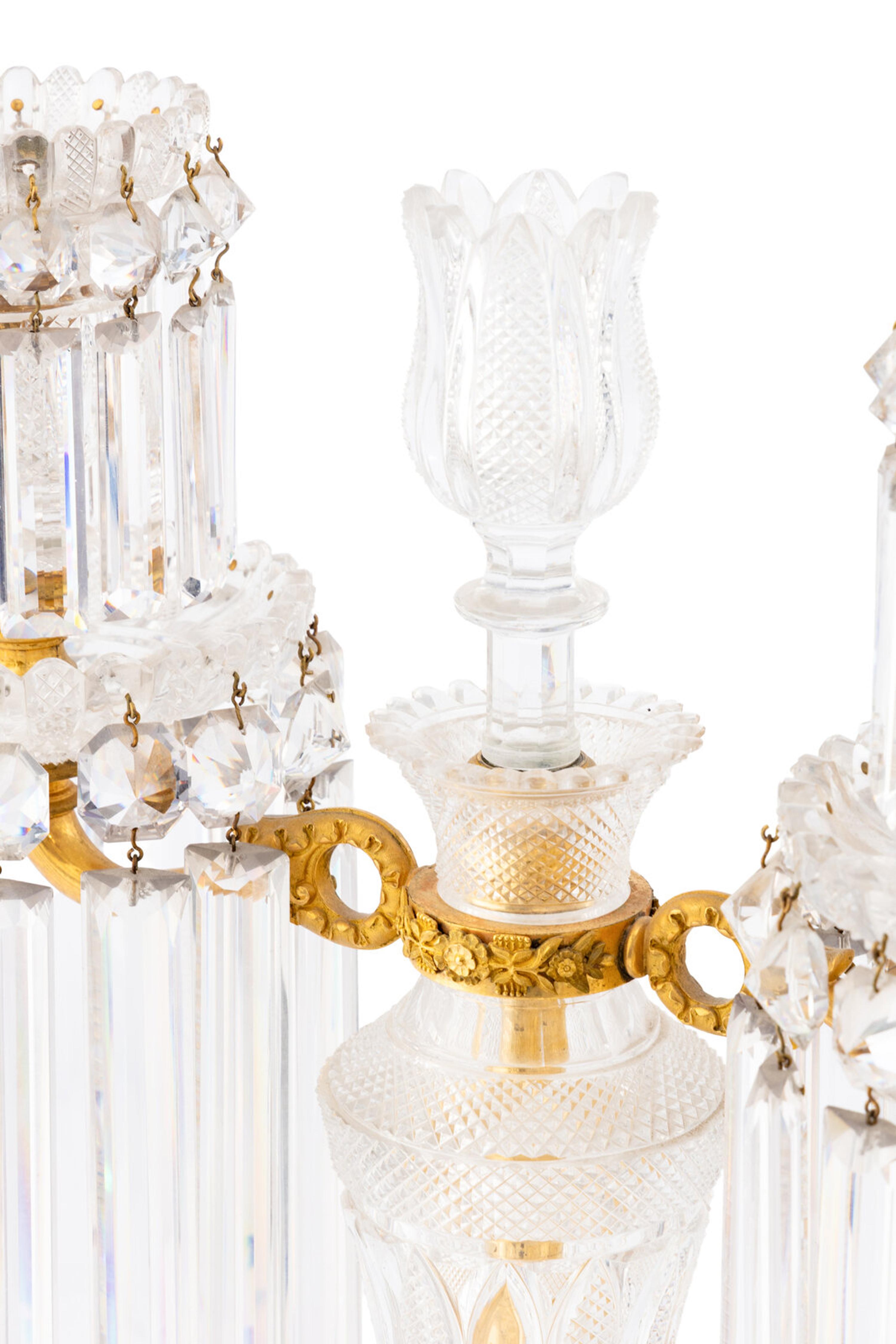A Pair Regency Ormolu Mounted Cut-Glass Three-Light Candelabra