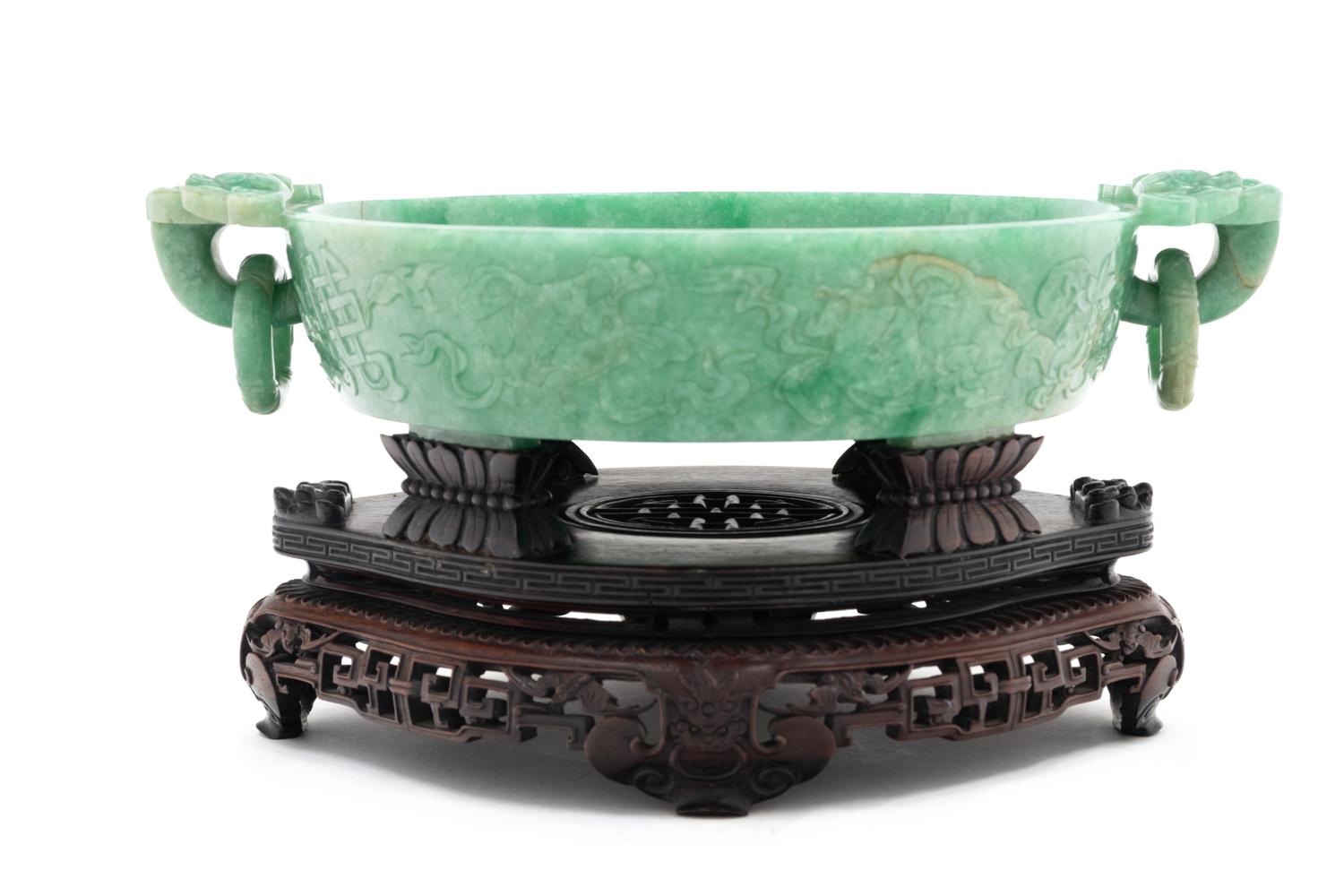 A Mottled Green Jadeite Marriage Bowl