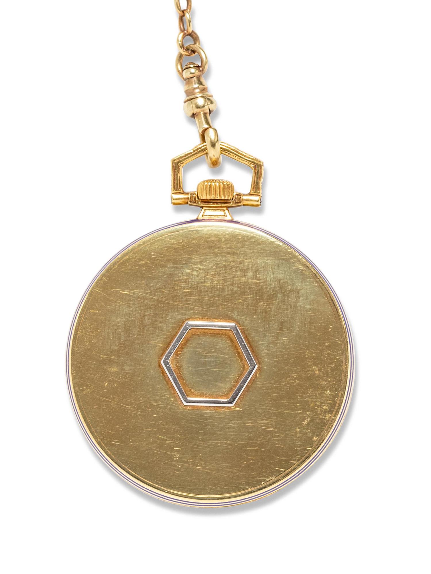 Patek Philippe & Cie for E. Gubelin, Yellow Gold and Enamel Open Face Pocket Watch and Fob Chain