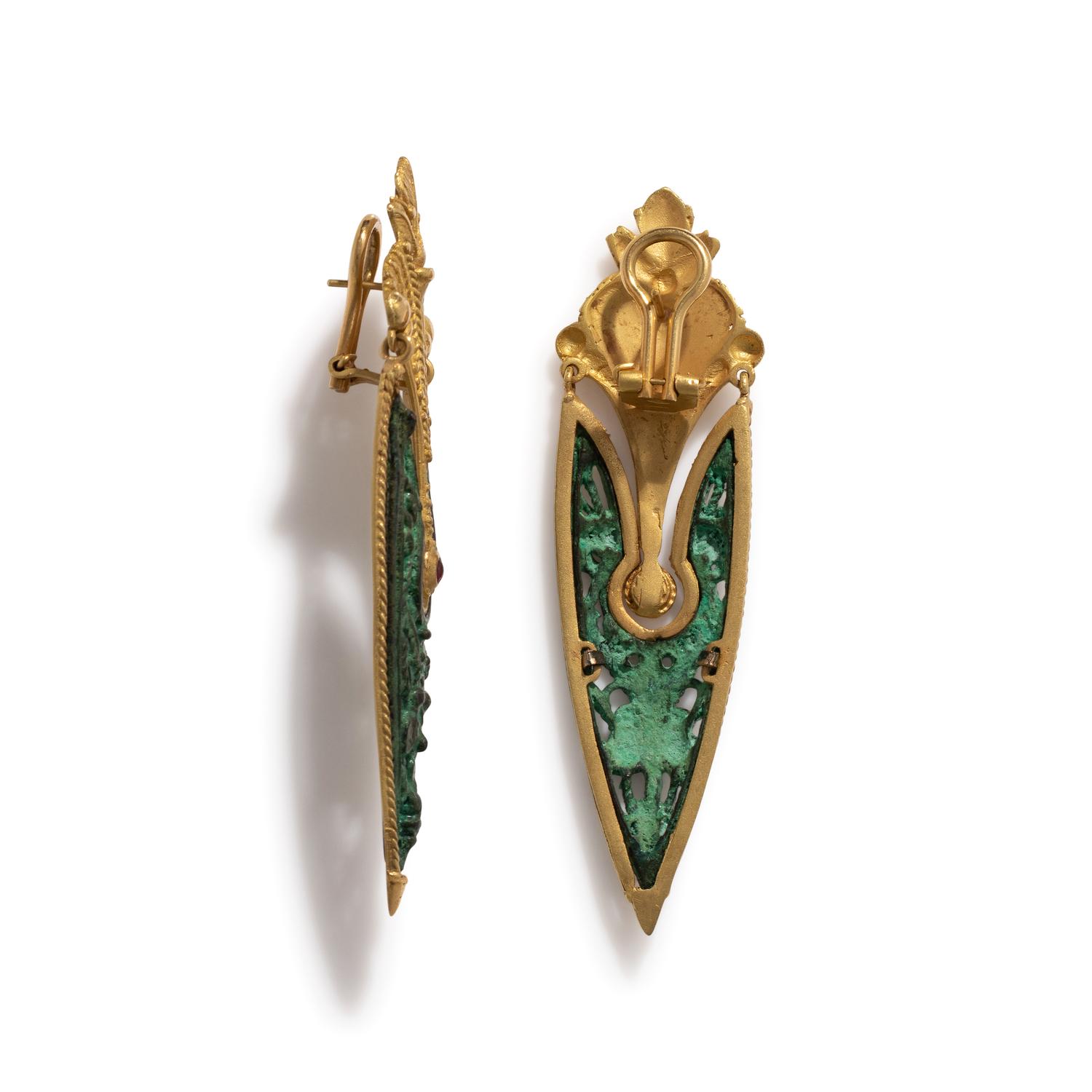 YELLOW GOLD, COPPER AND RUBY EARCLIPS