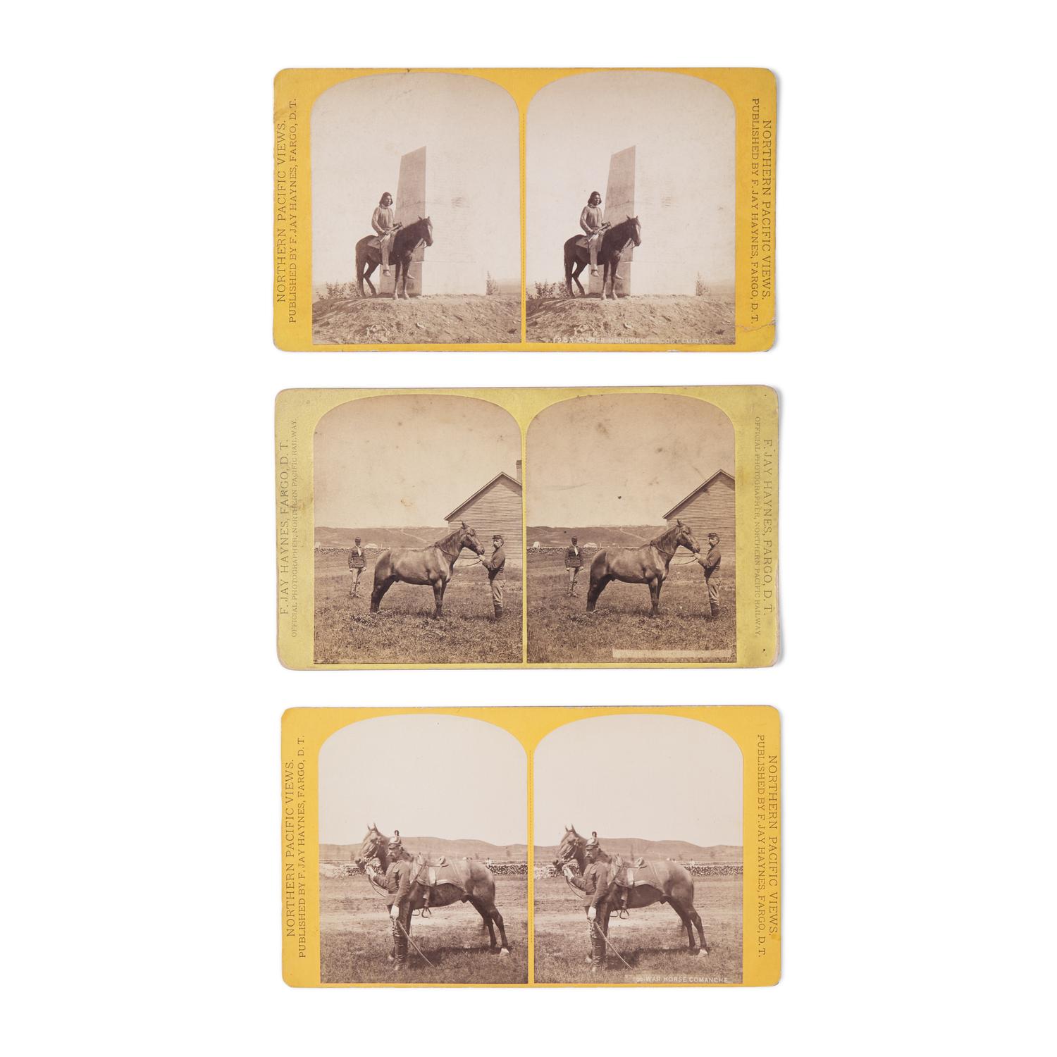 Haynes, F. Jay (1853-1921). A group of 3 stereoviews of Little Bighorn Survivor Comanche and Custer's Scout Curley.