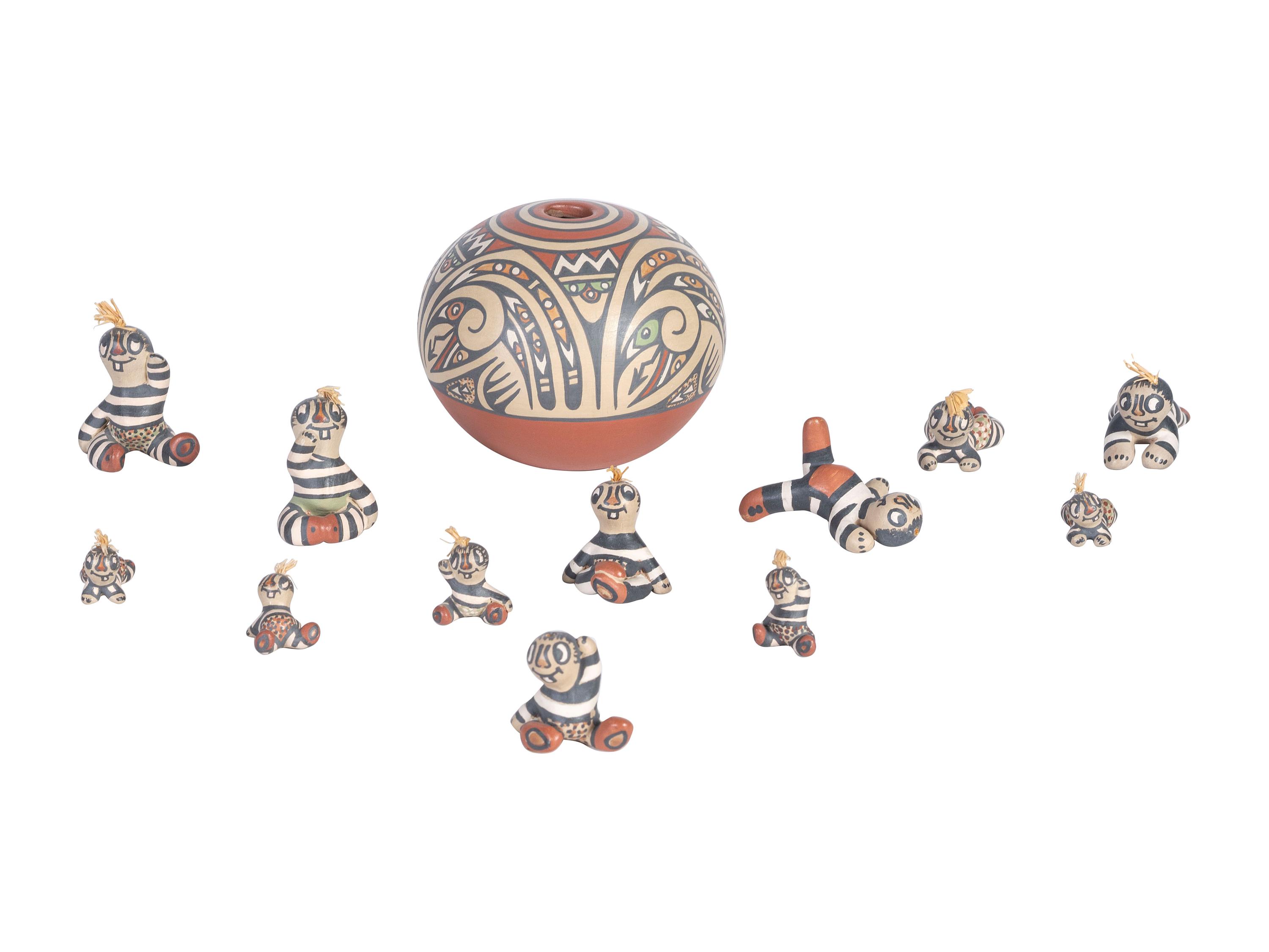 Polychrome Pottery Figures and Seed Jar