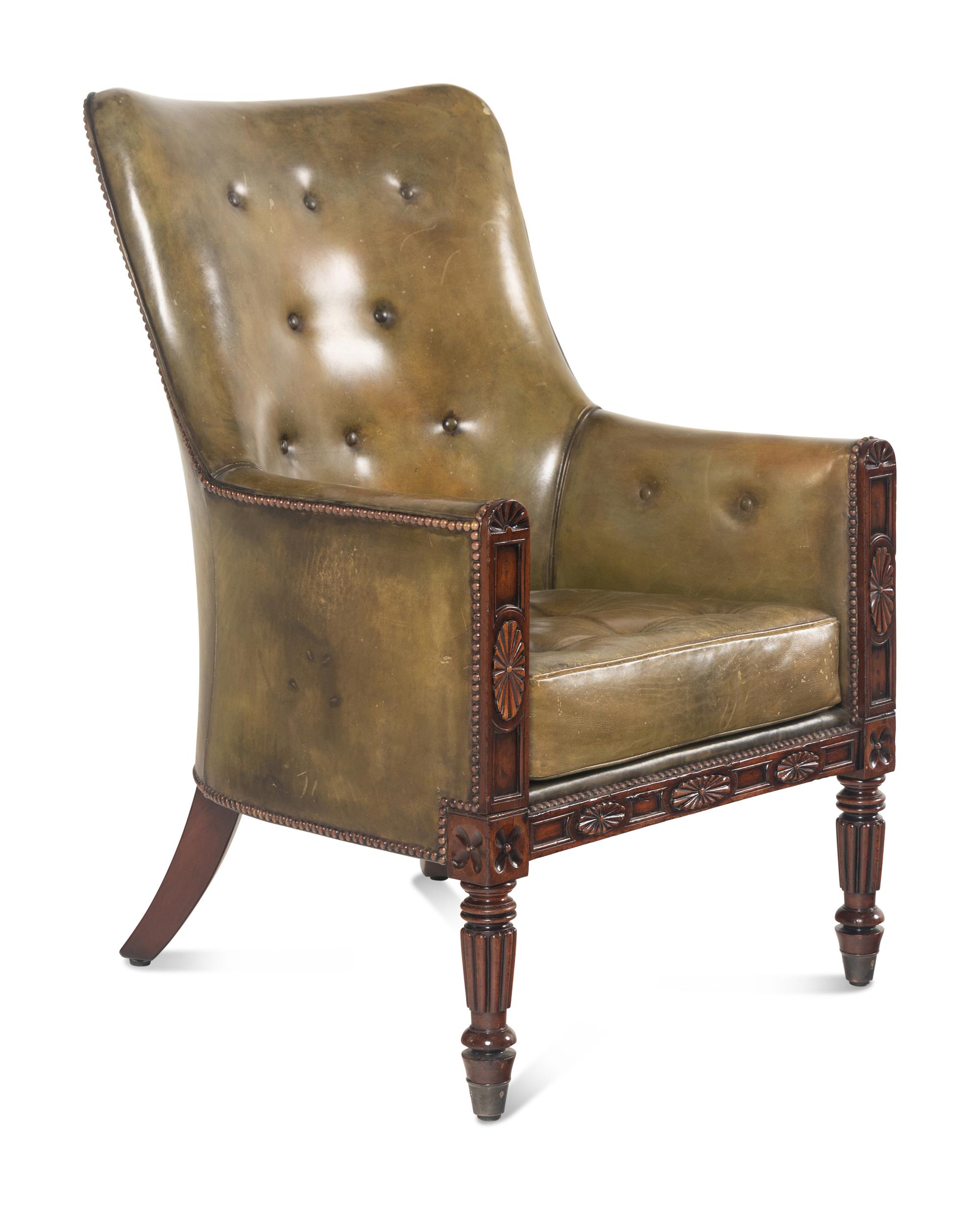 A Late William IV Mahogany Leather-Upholstered Armchair