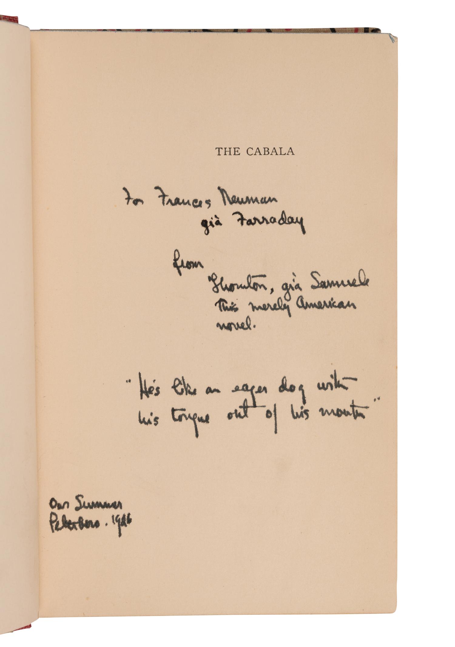 WILDER, Thornton (1897-1975). The Cabala . New York: Albert & Charles Boni, 1926.