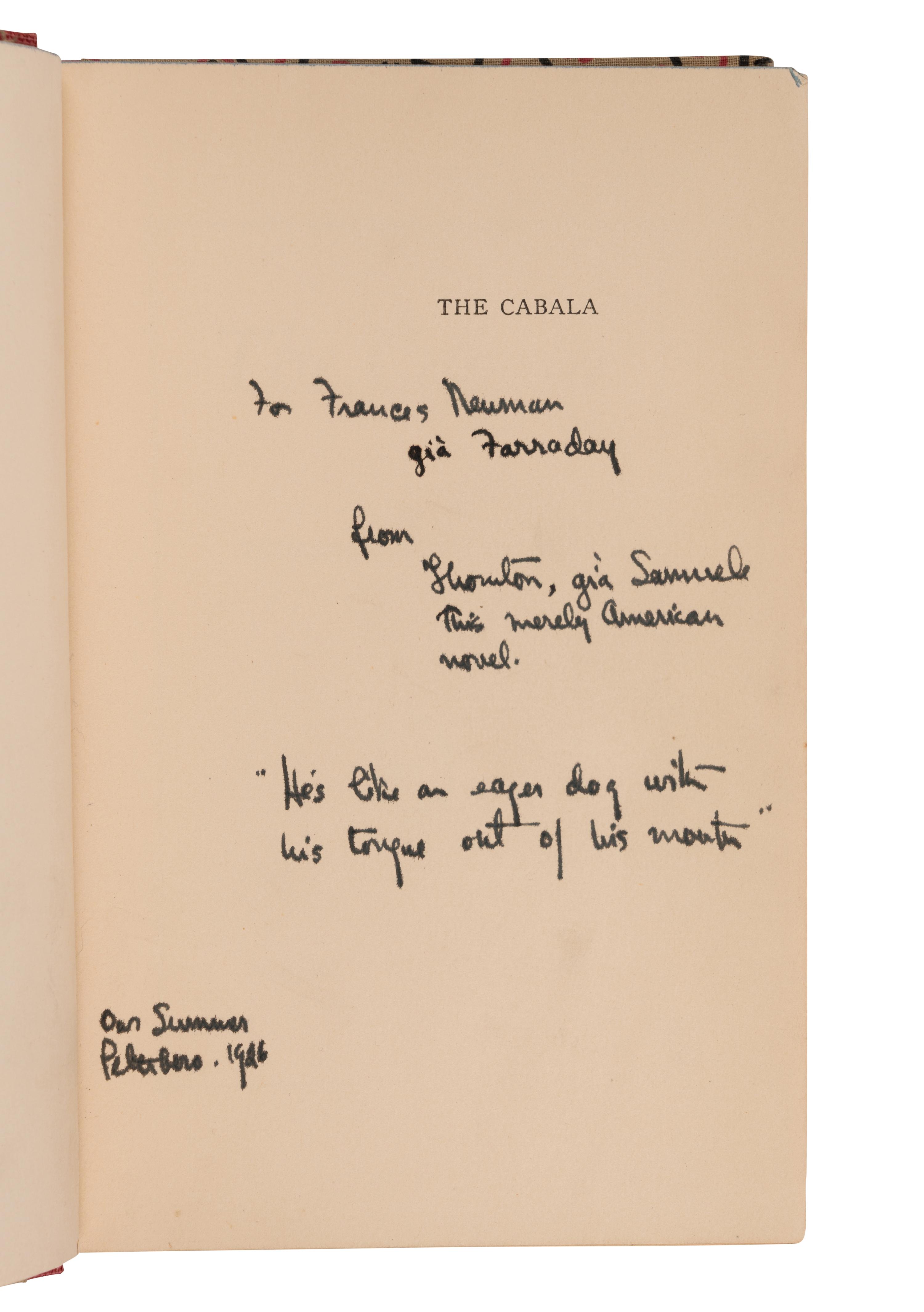 WILDER, Thornton (1897-1975). The Cabala . New York: Albert & Charles Boni, 1926.
