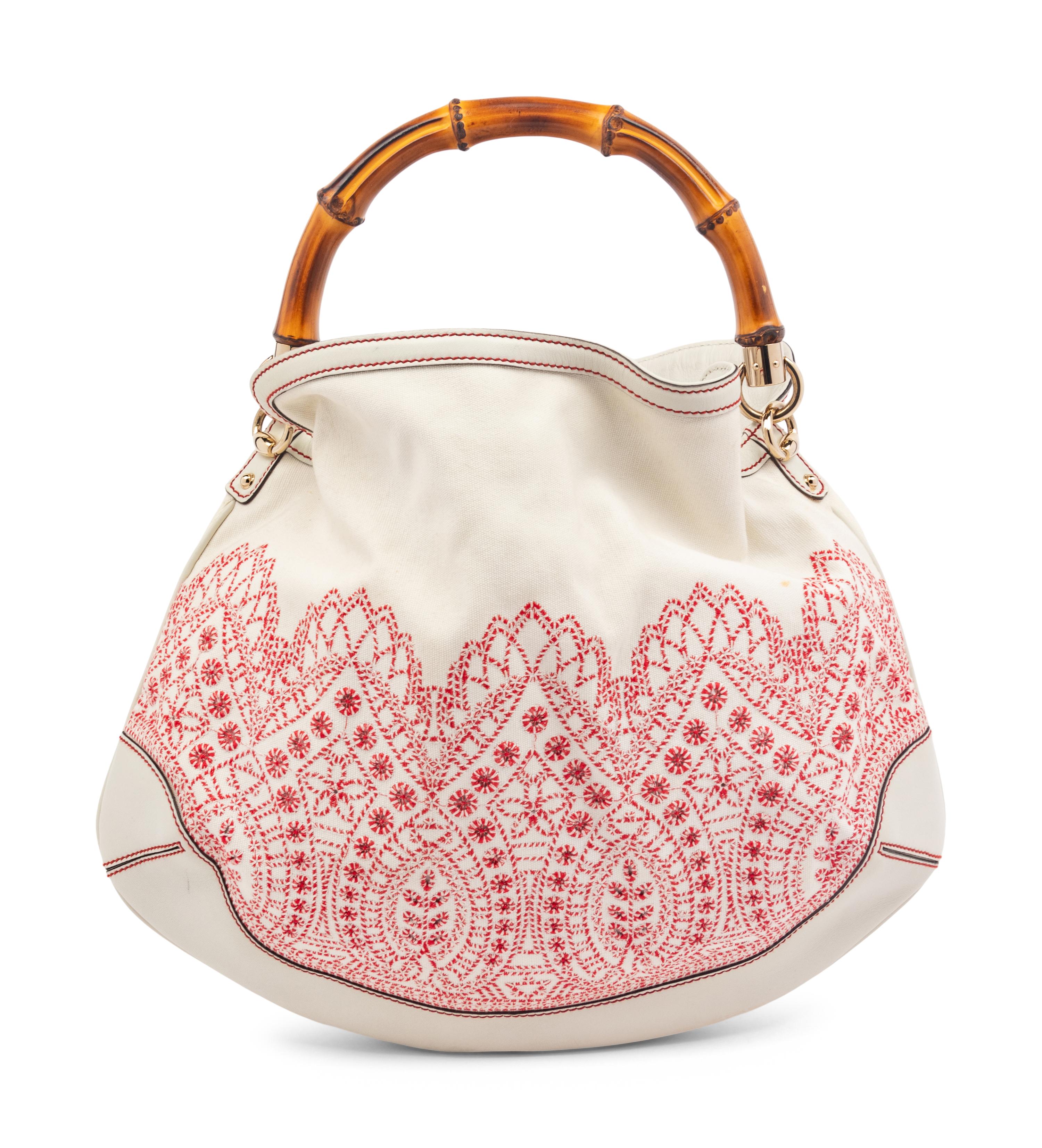 Gucci Bamboo Handle Embroidered Hobo Bag
