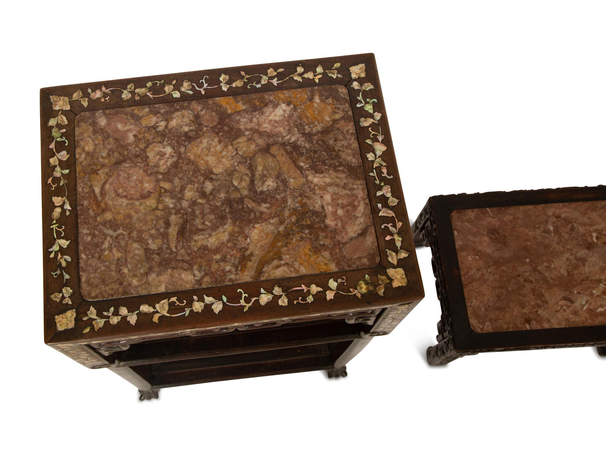 A Pair of Chinese Mother-of-Pearl Inlaid Marble Top Side Tables and a Smaller Low Table