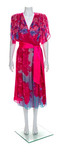 Hanae Mori Boutique Pink Silk Chiffon Dress with Belt, 1980s Size label: 14