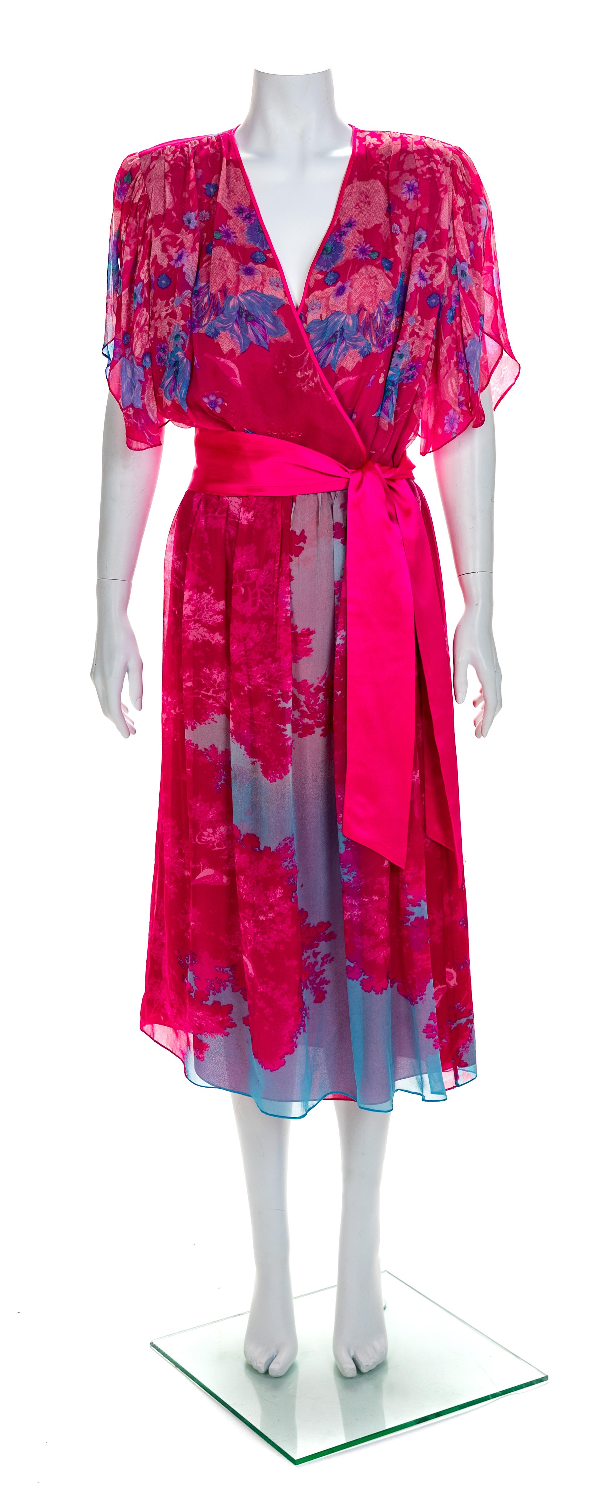 Hanae Mori Boutique Pink Silk Chiffon Dress with Belt, 1980s Size label: 14