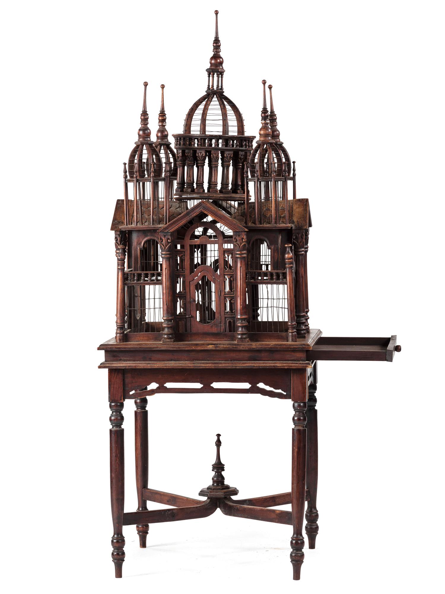 An Architectural Mahogany Birdcage on Stand