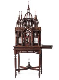An Architectural Mahogany Birdcage on Stand