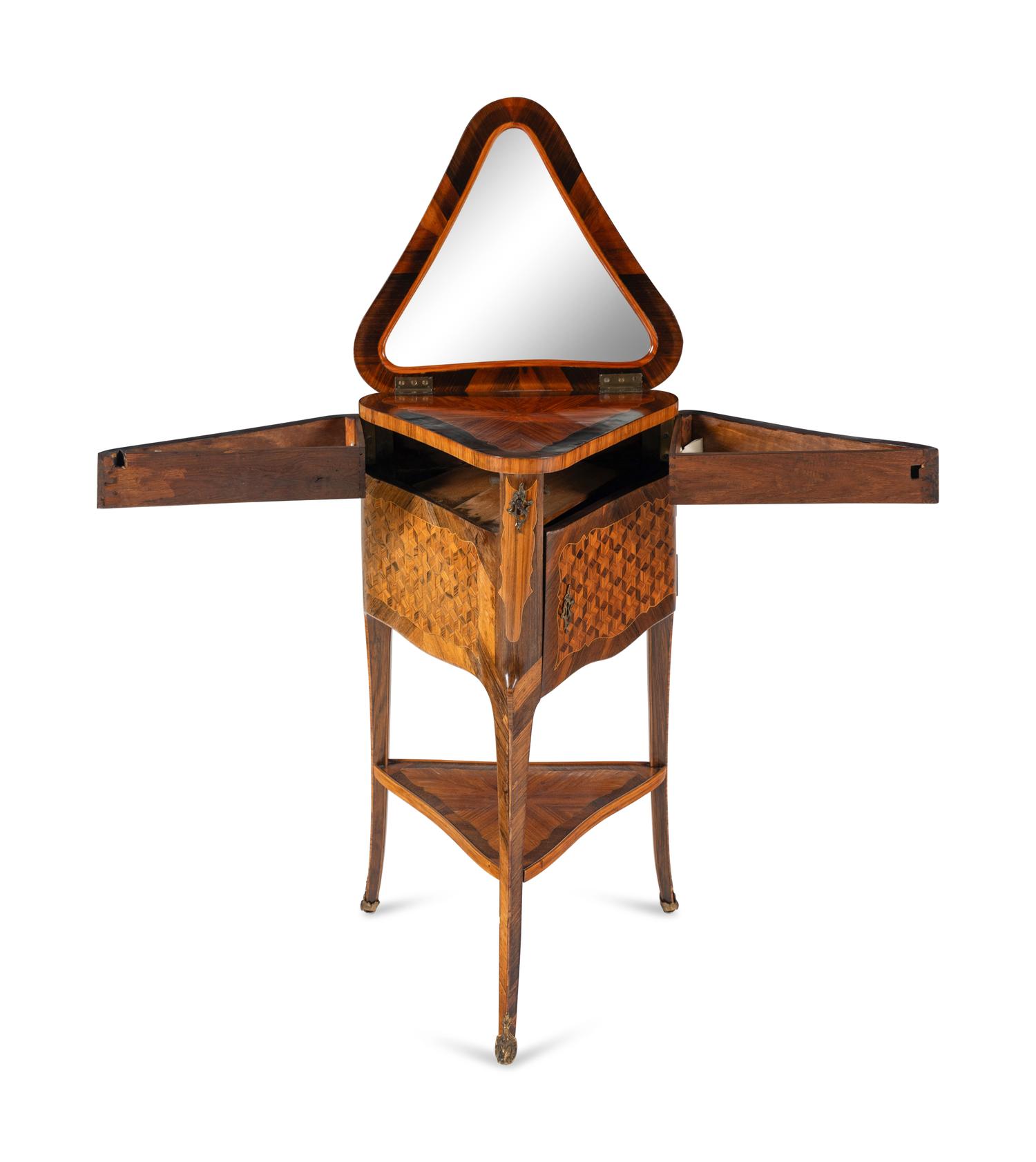 A Louis XV/XVI Transitional Style Parquetry Triangular Poudreuse Mechanique