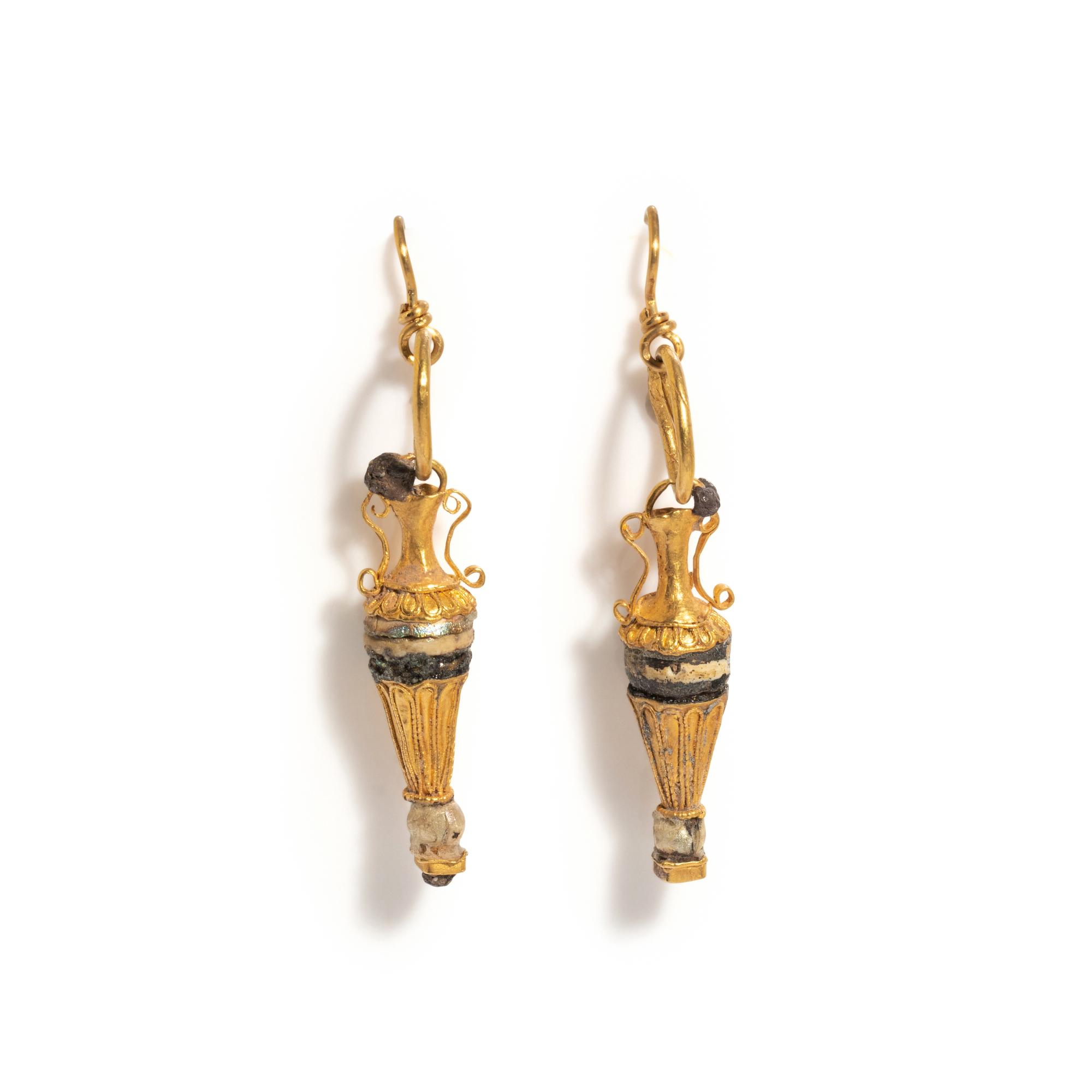A Pair of Roman Gold and Pearl Amphora Earrings