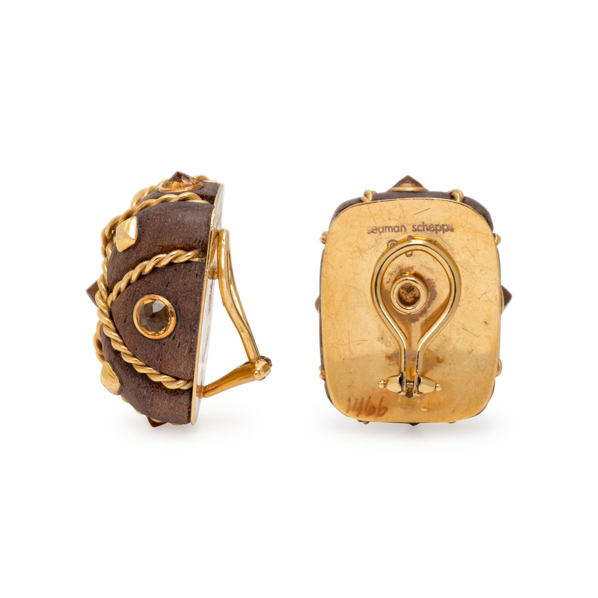 SEAMAN SCHEPPS, WOOD, CITRINE, AND YELLOW GOLD 'CAGE' EARRINGS