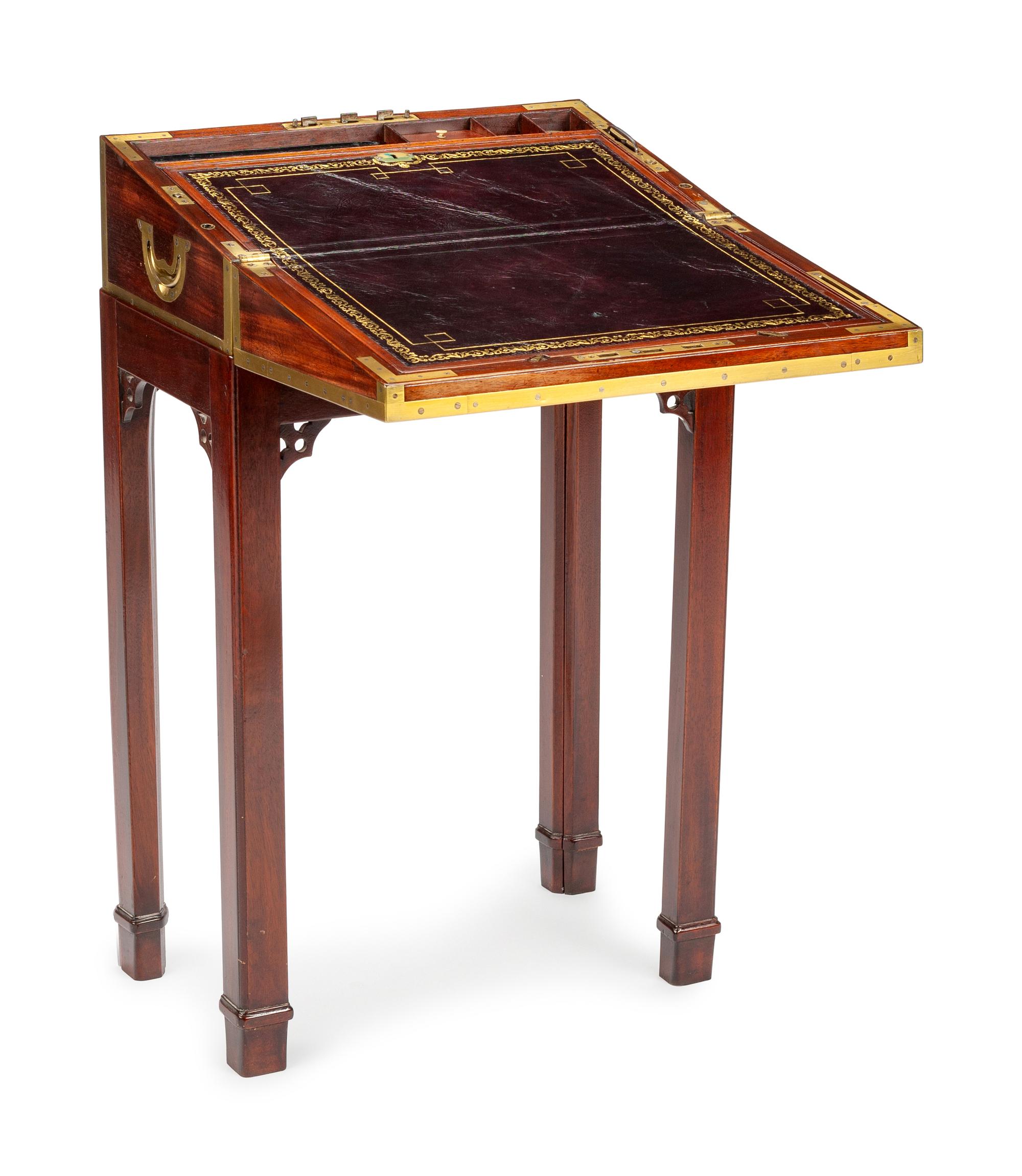 A Regency Brass Inlaid Mahogany Writing Box on Stand