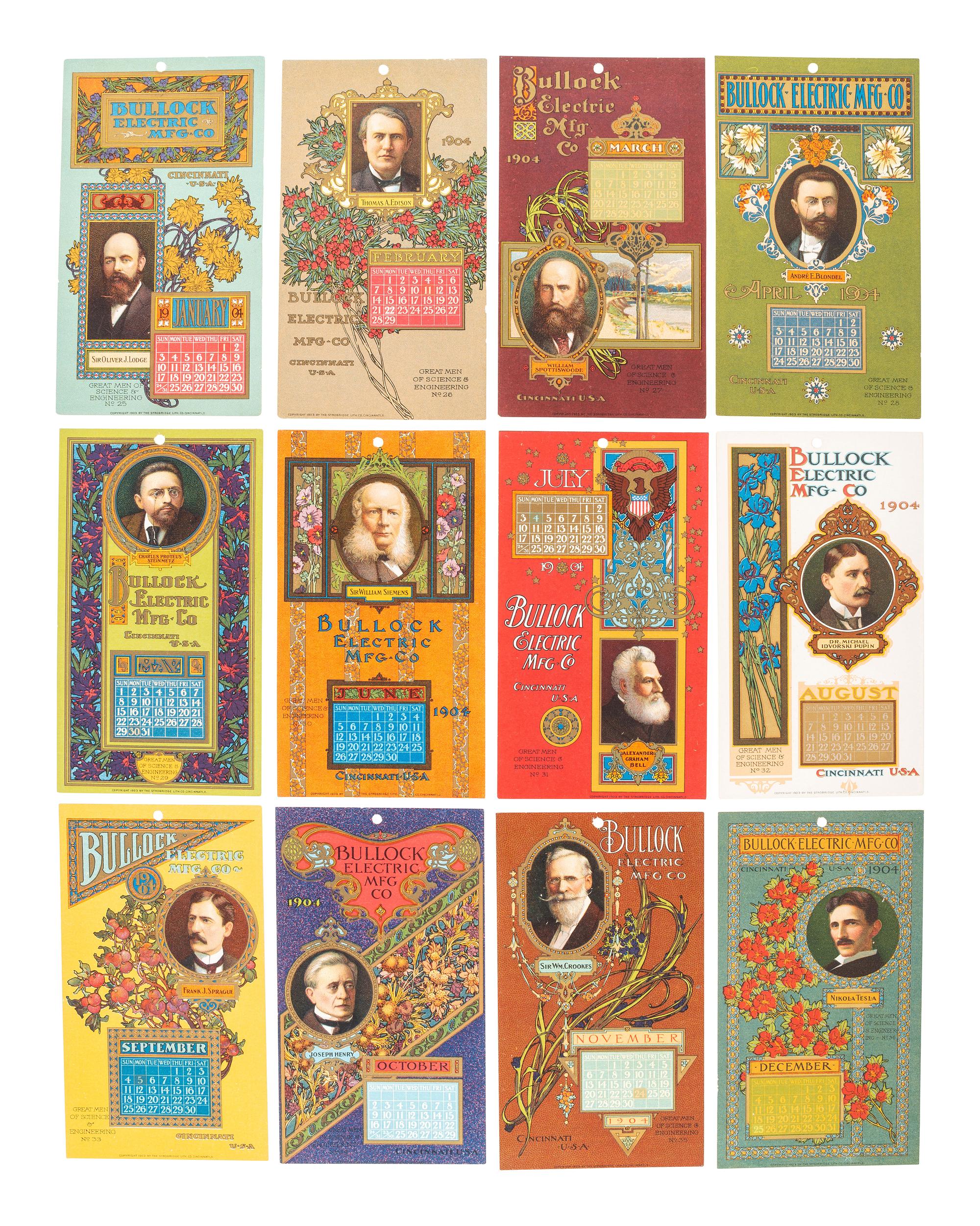 [ADVERTISING]. Bullock Electric Mfg. Co., complete run of 12 calendar cards for January-December 1904. Cincinnati, OH: Strobridge Litho. Co., 1903.