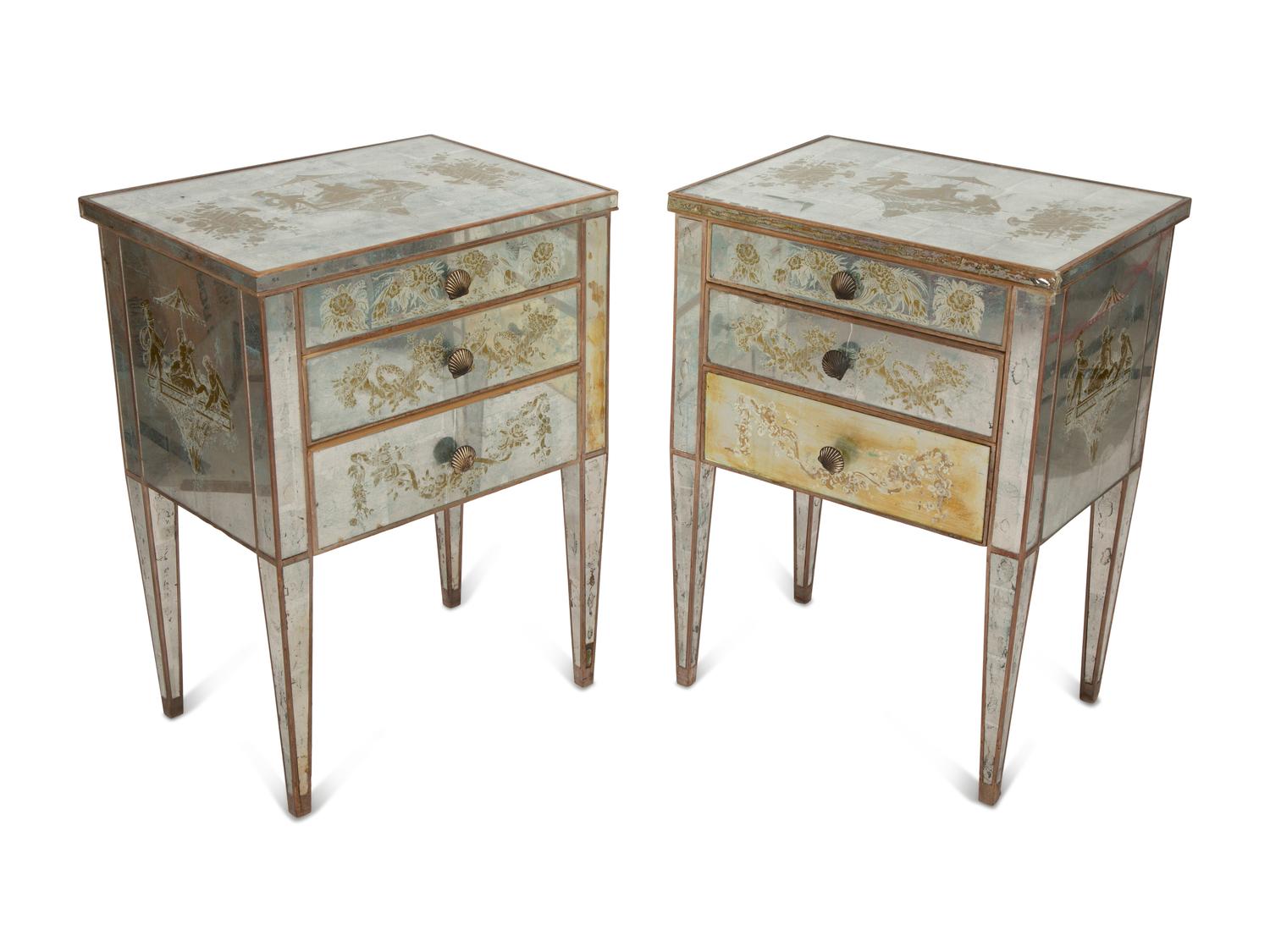 A Pair of French Eglomisé Mirrored Night Stands