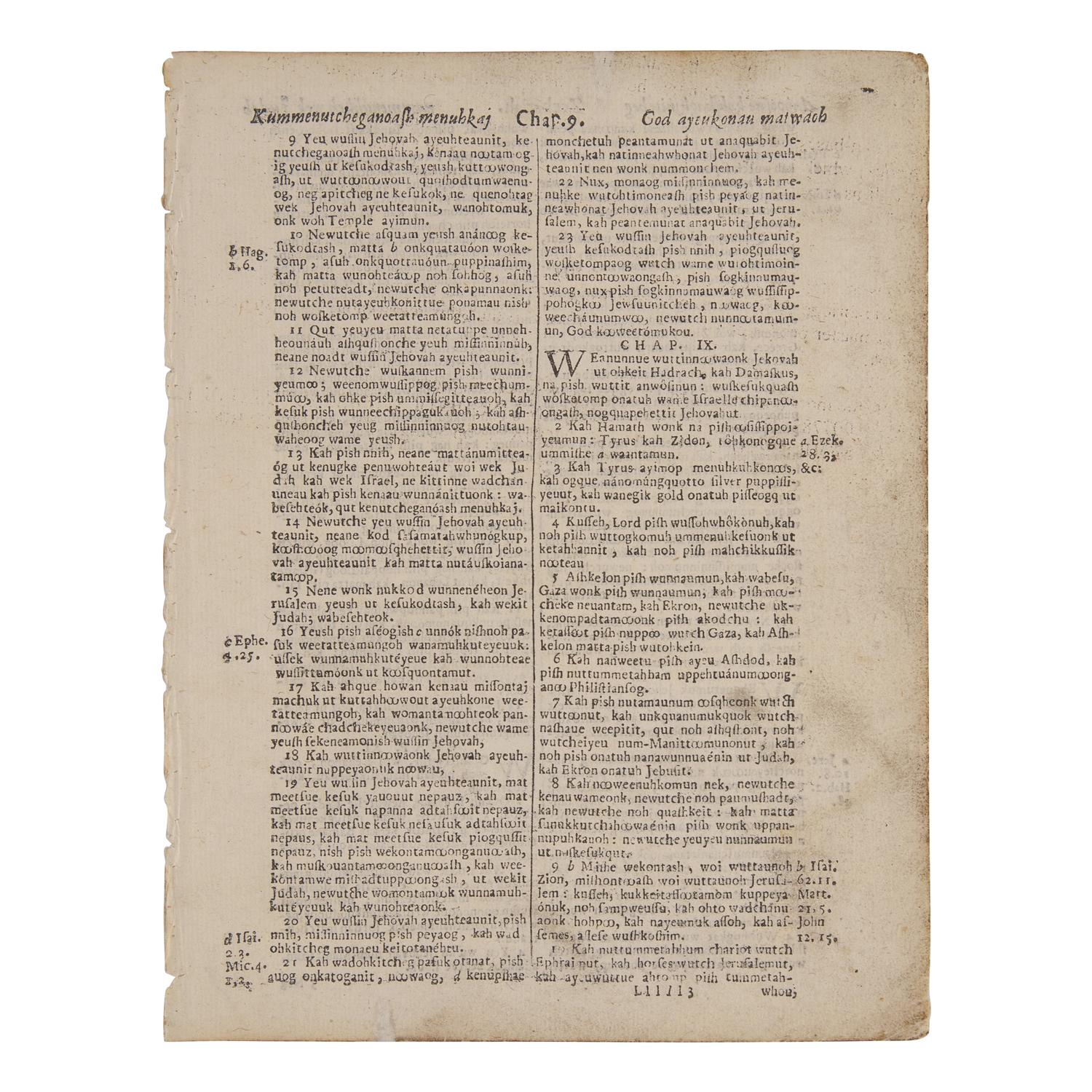 [Native-Americana] [Eliot, John] Leaf From the Eliot Indian Bible, the First Bible Printed in America