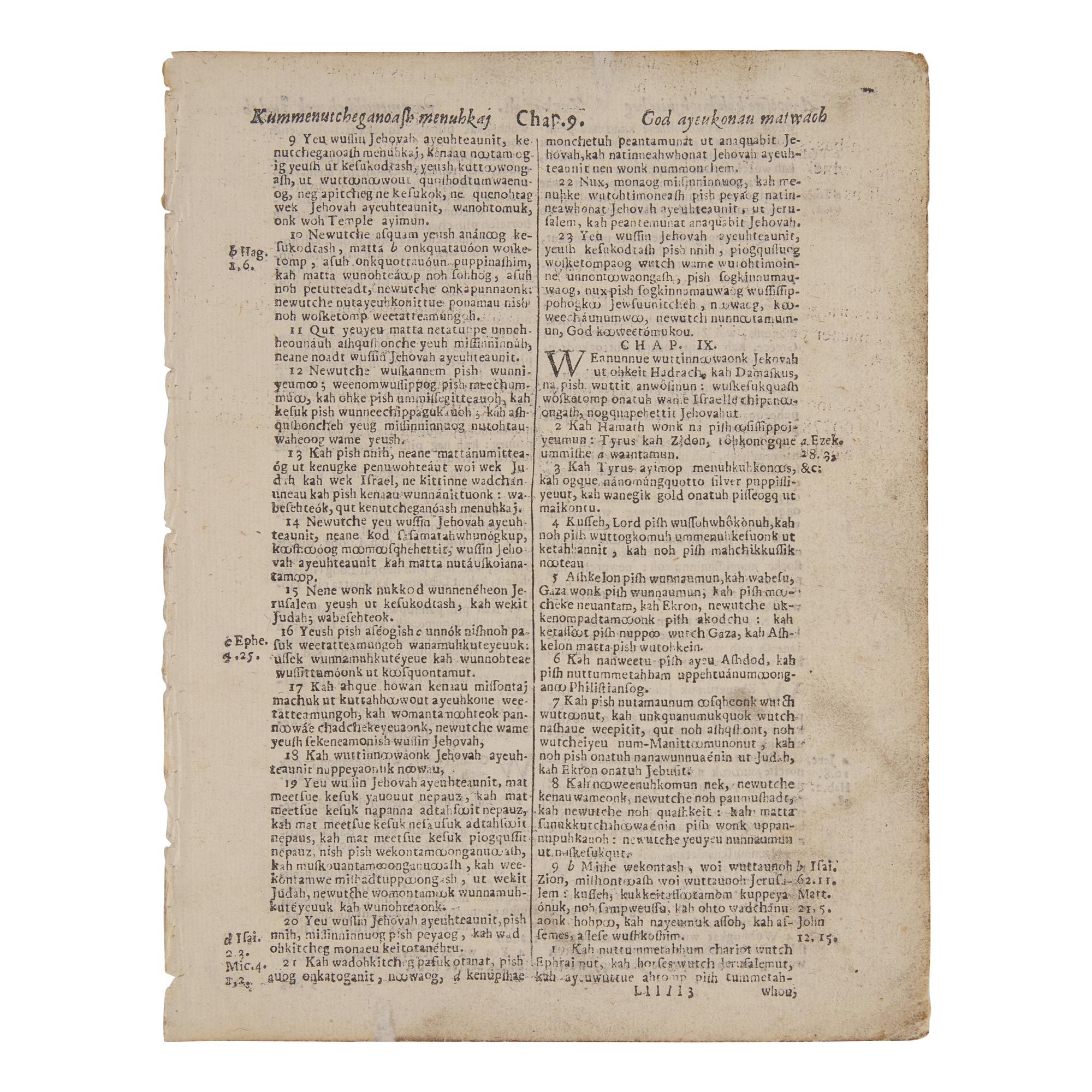 [Native-Americana] [Eliot, John] Leaf From the Eliot Indian Bible, the First Bible Printed in America