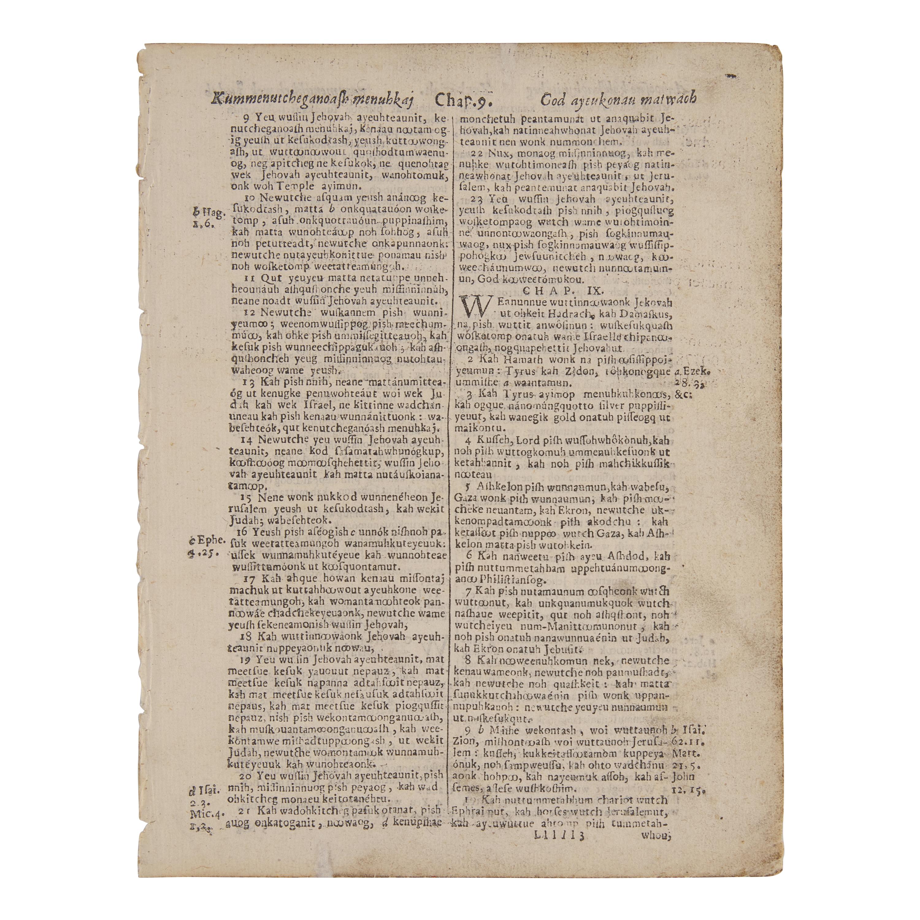 [Native-Americana] [Eliot, John] Leaf From the Eliot Indian Bible, the First Bible Printed in America