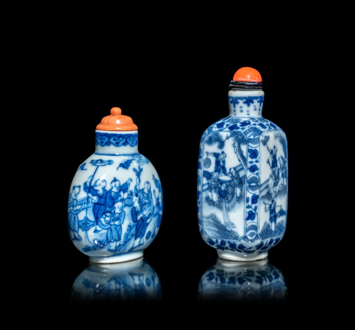 Two Chinese Blue and White Porcelain 'Boys' Snuff Bottles