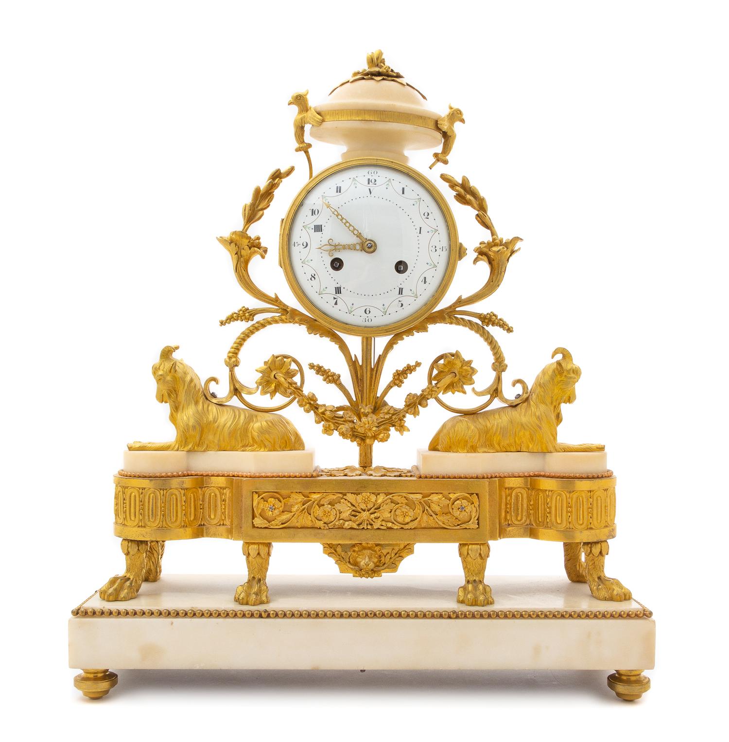 A French Gilt Bronze and Marble Mantel Clock with a Decimal and Conventional Dial Height 19 x width 15 7/8 inches. — CIRCA 1795