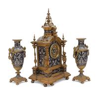 A French Gilt Bronze and Enamel Clock Garniture