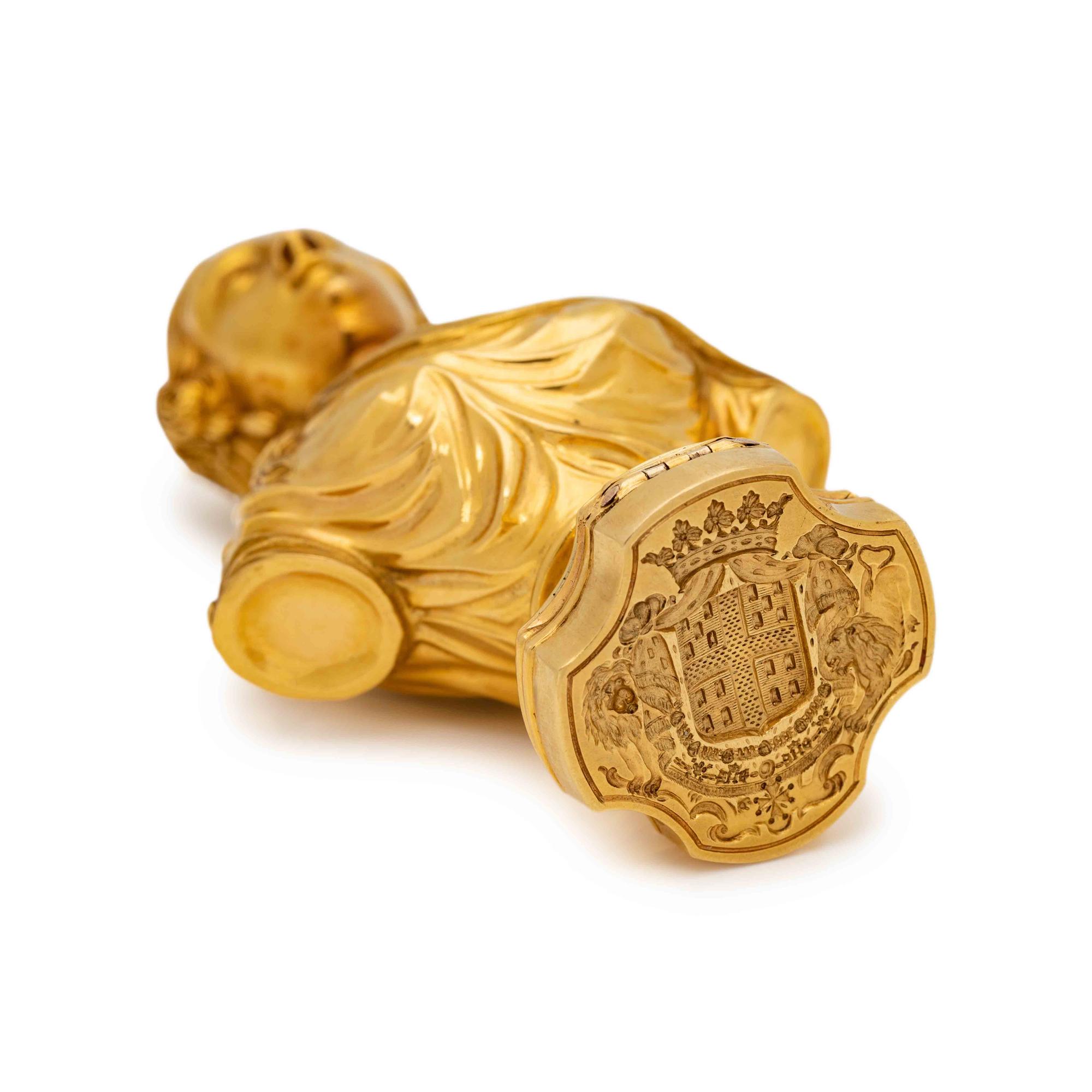 A French Gold Figural Compound Scent Flask, Snuff Box and Hand-Seal of Ducal Interest
