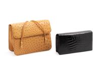 Two Judith Leiber Bags; One Black Crocodile Bag, One Tan Ostrich Bag, 1990-2000s