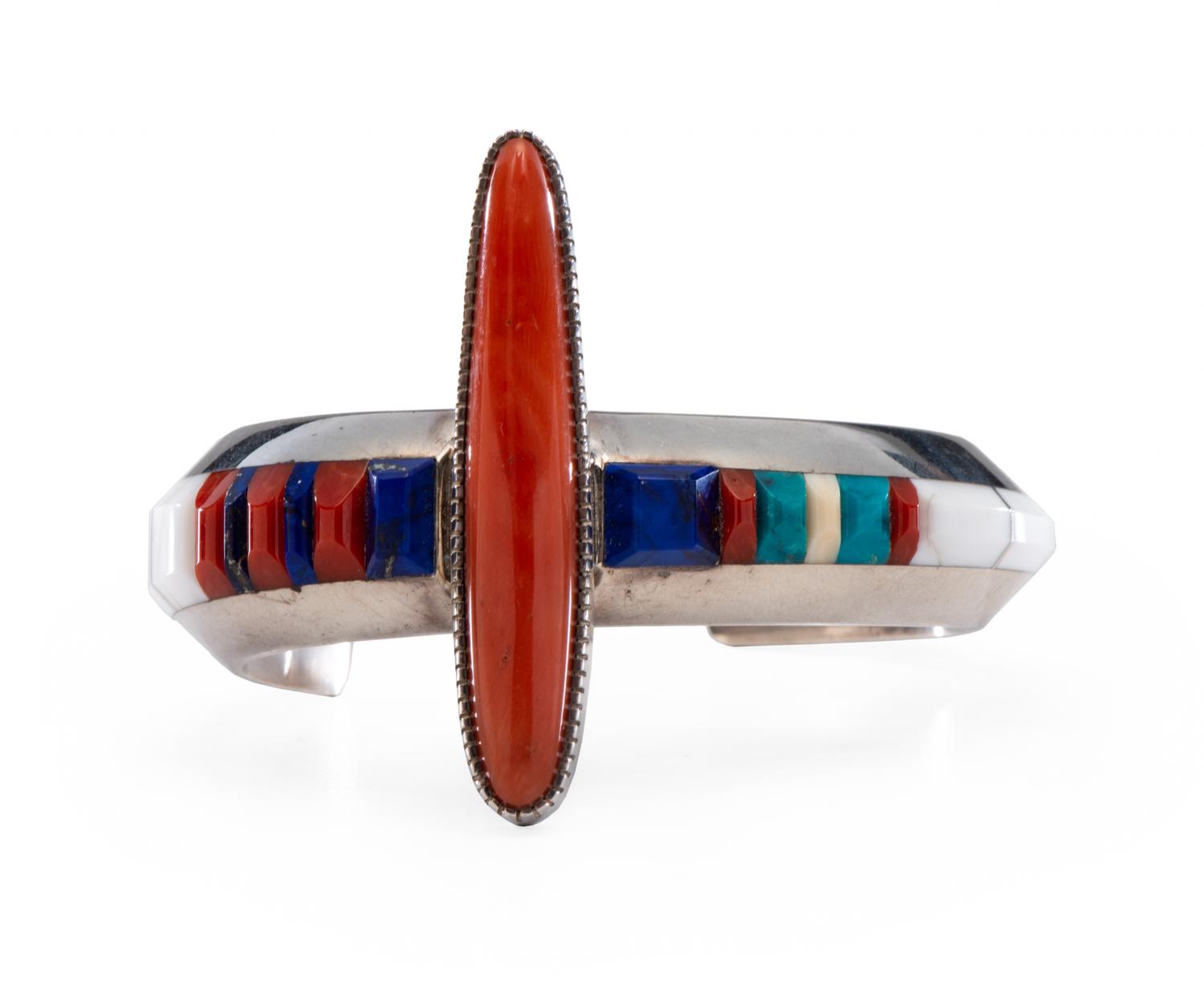 Sterling Silver Cuff Bracelet, with Coral, Lapis, Turquoise, and Howlite Lot is located and will ship from Denver, Colorado.