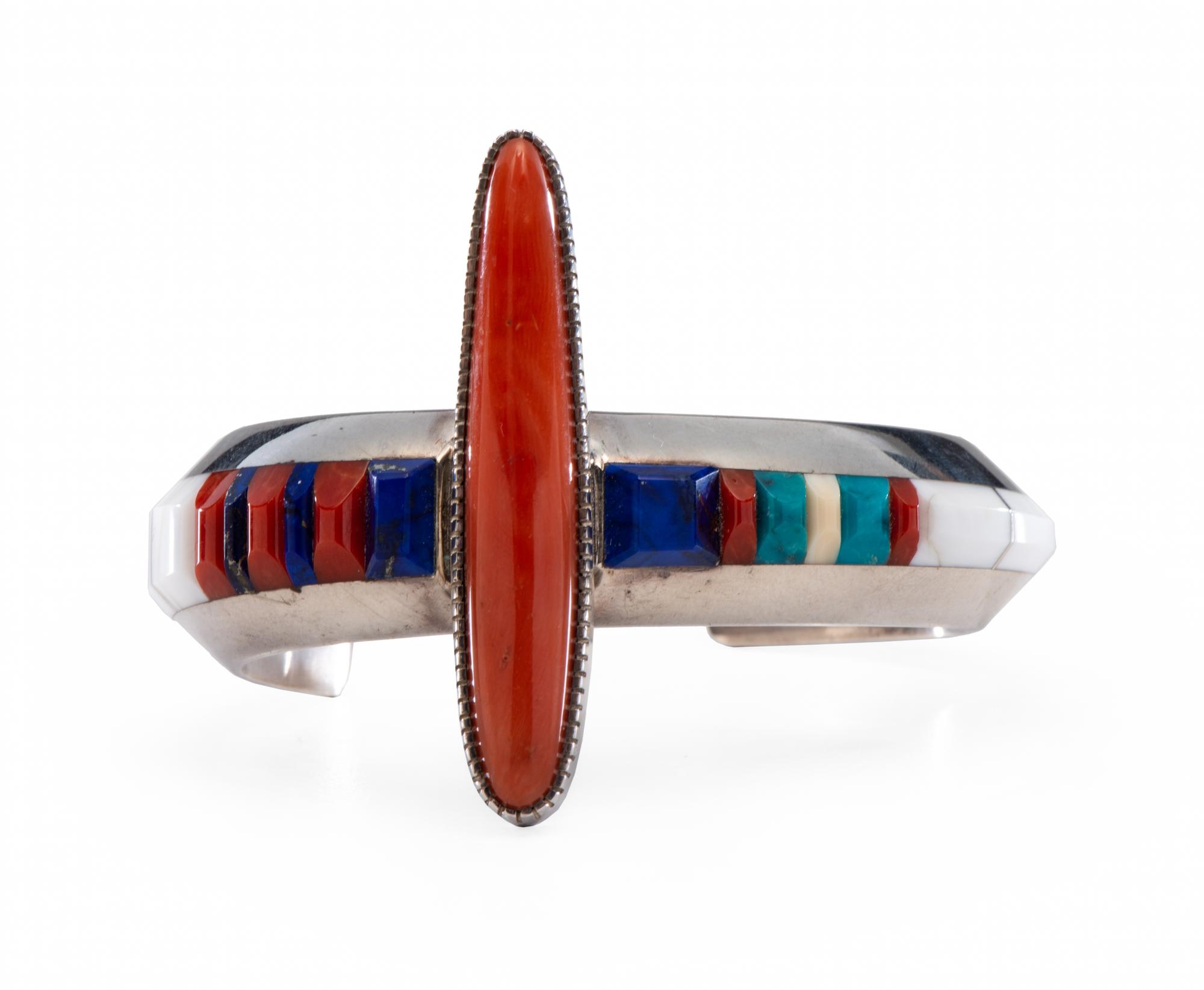 Sterling Silver Cuff Bracelet, with Coral, Lapis, Turquoise, and Howlite Lot is located and will ship from Denver, Colorado.