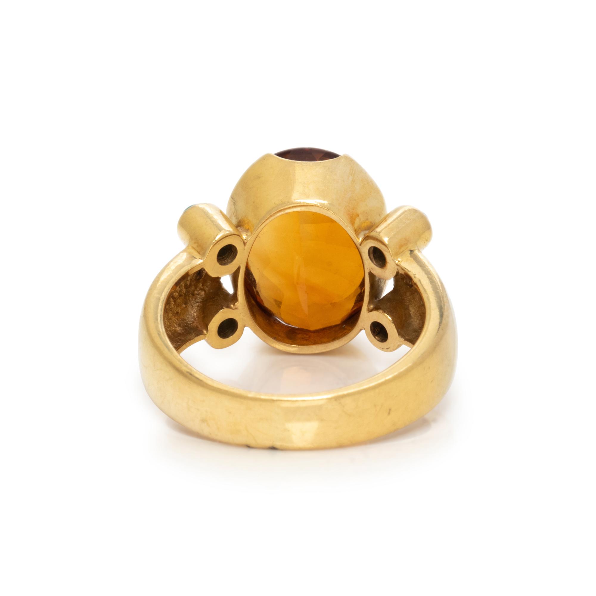 YELLOW GOLD, CITRINE, EMERALD, AND DIAMOND RING