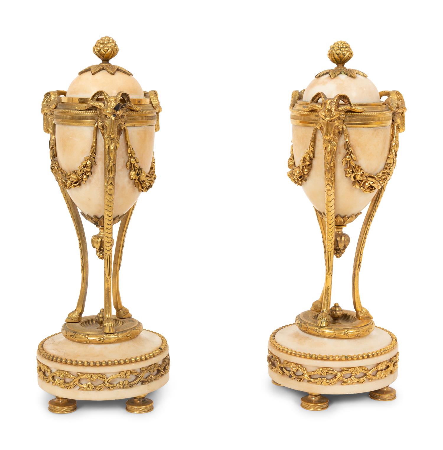 A Pair of Continental Gilt Bronze Mounted Marble Cassolettes