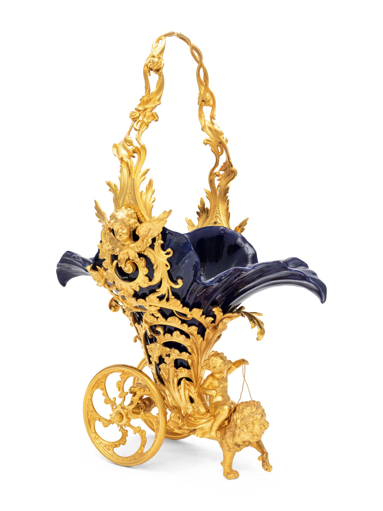 An Italian Gilt Bronze and Cobalt Glazed Ceramic Centerpiece