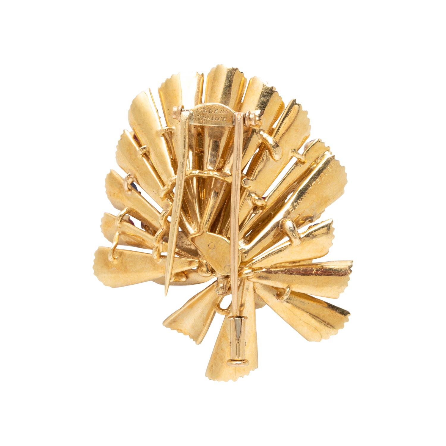 FRENCH, RETAILED BY BONWIT TELLER, YELLOW GOLD, SAPPHIRE, RUBY, AND DIAMOND BROOCH