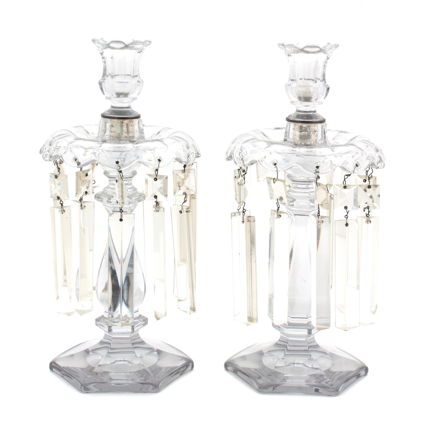 A Pair of Cut Glass Girandoles Height 12 inches.