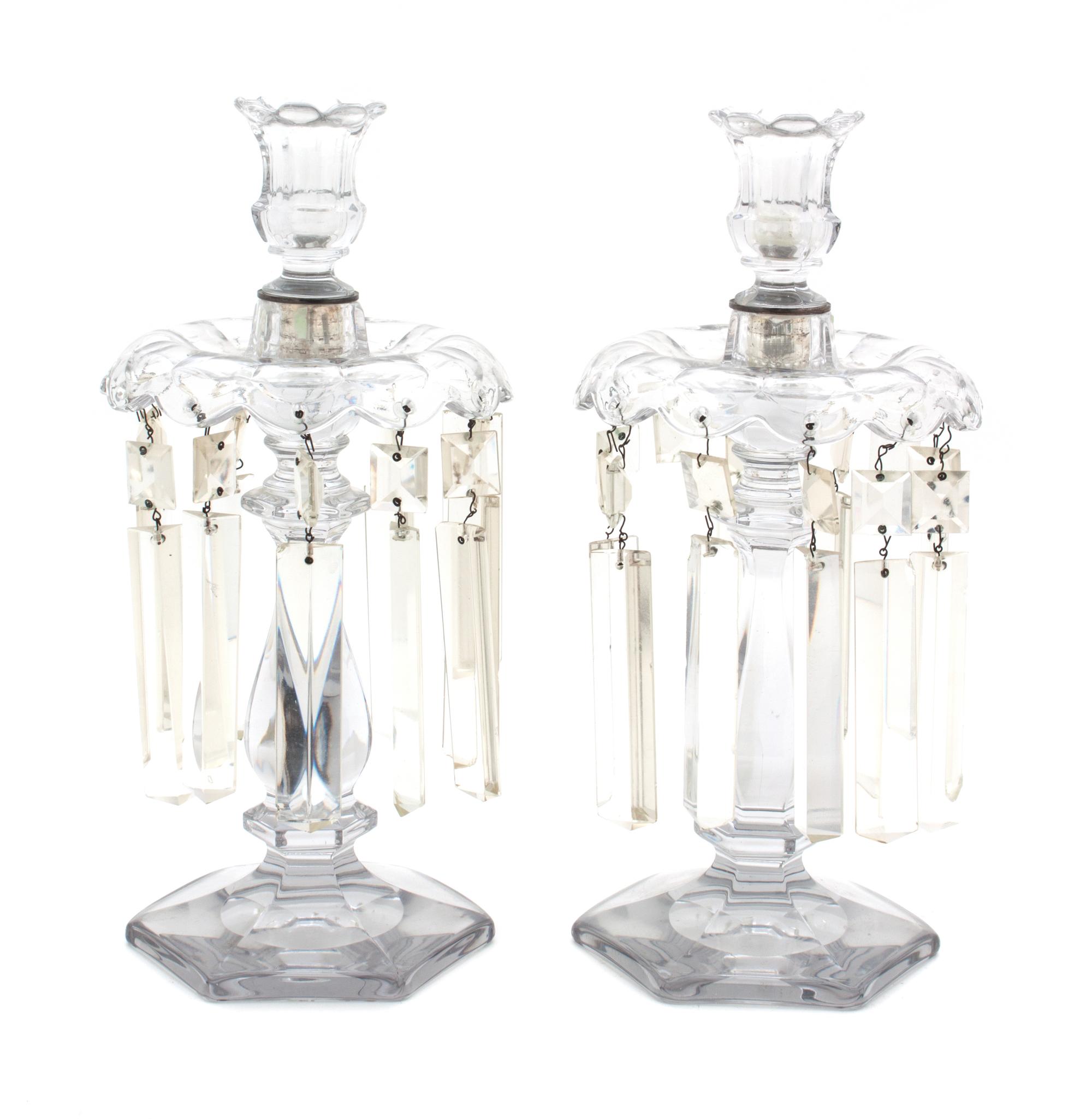 A Pair of Cut Glass Girandoles Height 12 inches.