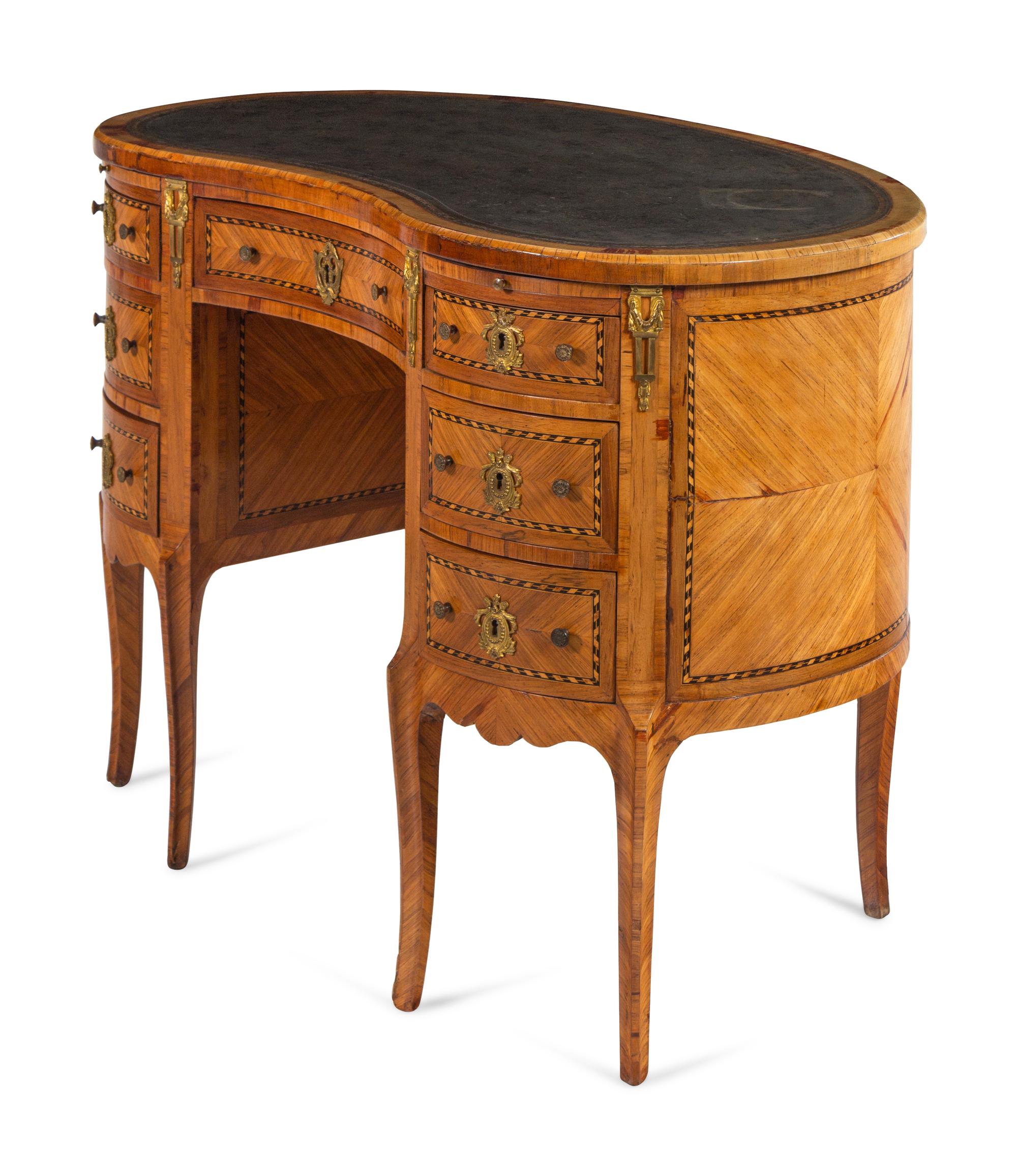 A Louis XV/XVI Transitional Style Kingwood and Parquetry Leather-Inset Reniform Bureau