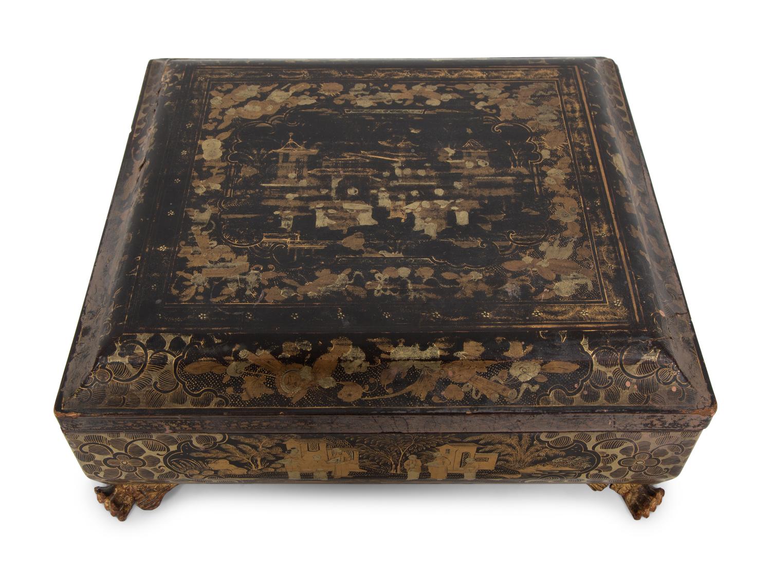 An English Chinoiserie Black and Gilt Laquer Game Box